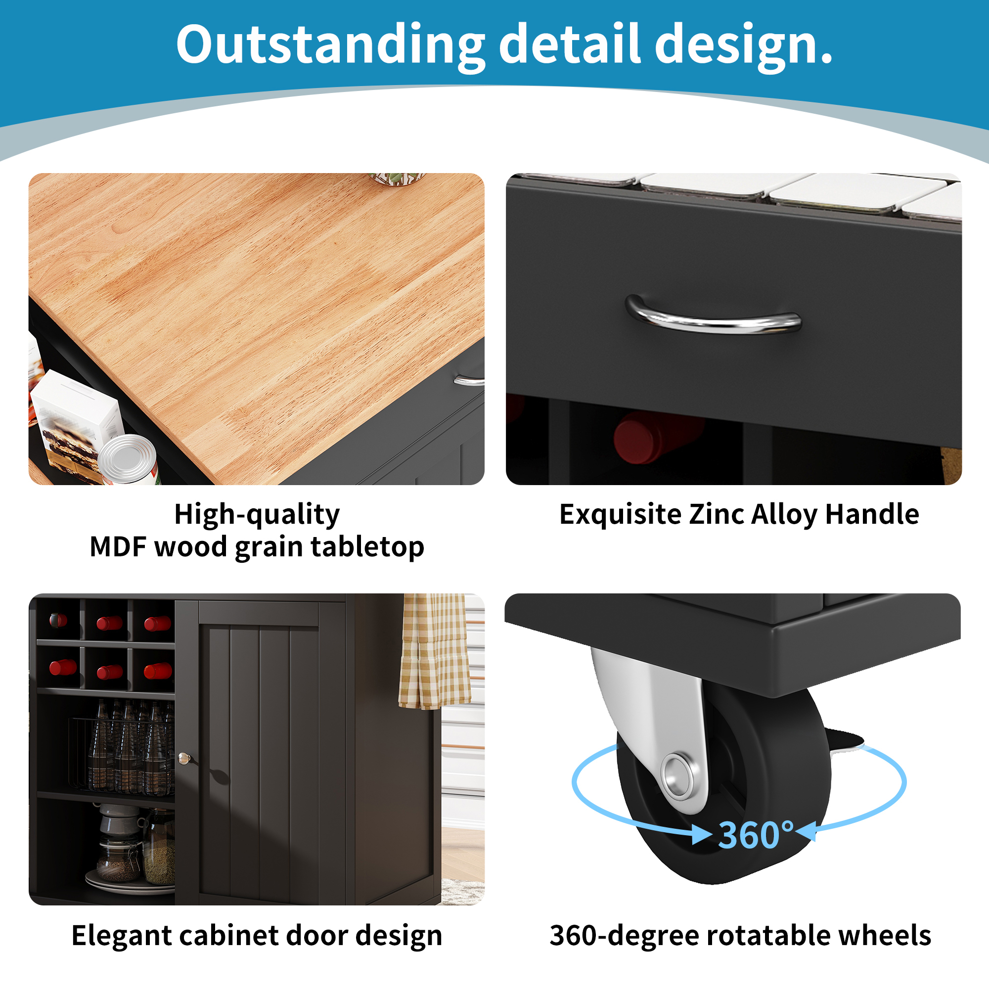 Îlot de cuisine 102×45×92 cm, plateau MDF imitation bois, poignées zinc, séparateurs réglables, pour cuisine, beaucoup de rangement, design moderne, facile entretien, style fonctionnel élégant, stabilité - image 9
