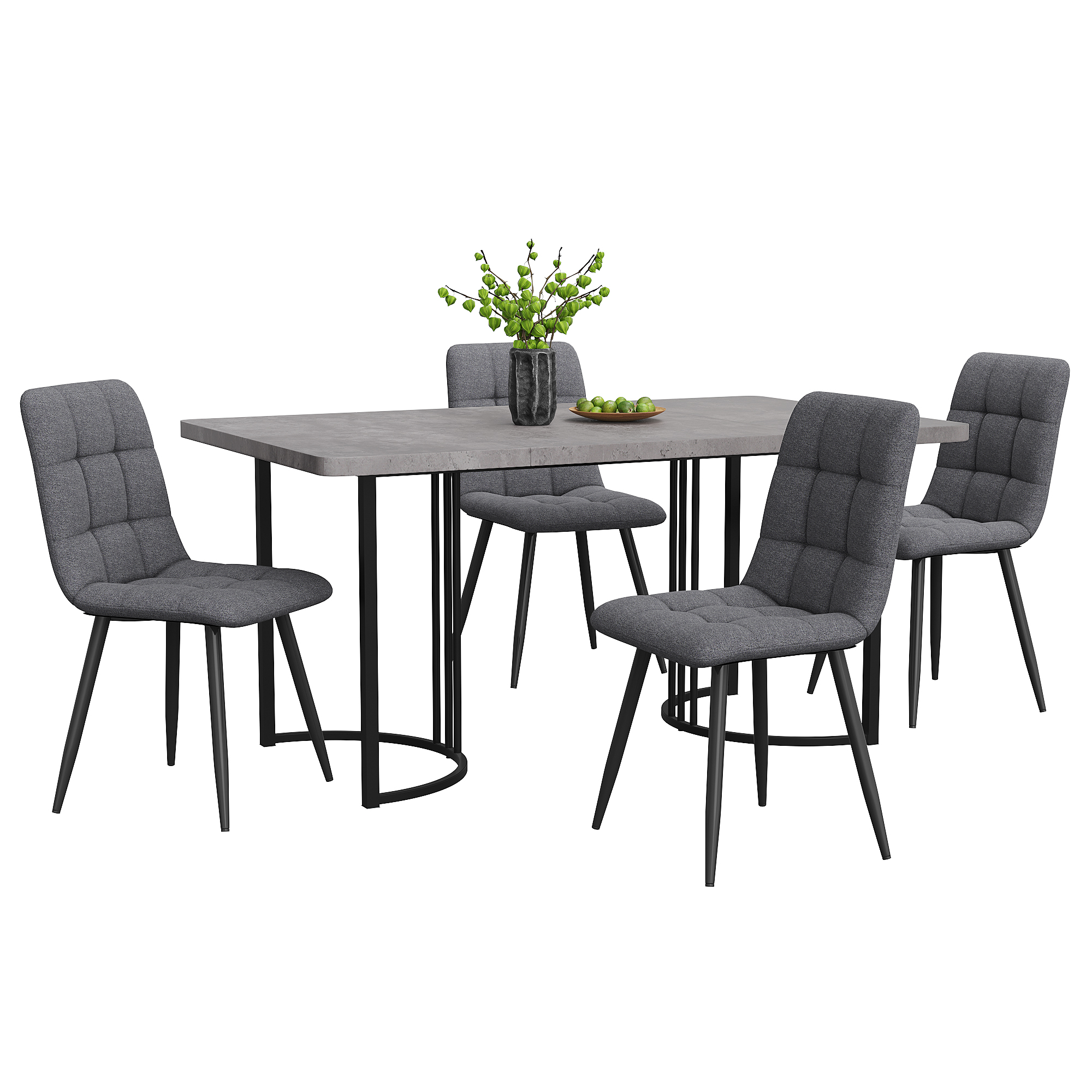 Ensemble table et chaises, 5 pièces, 1 table + 4 chaises, métal et tissu effet lin, gris foncé - vue 4