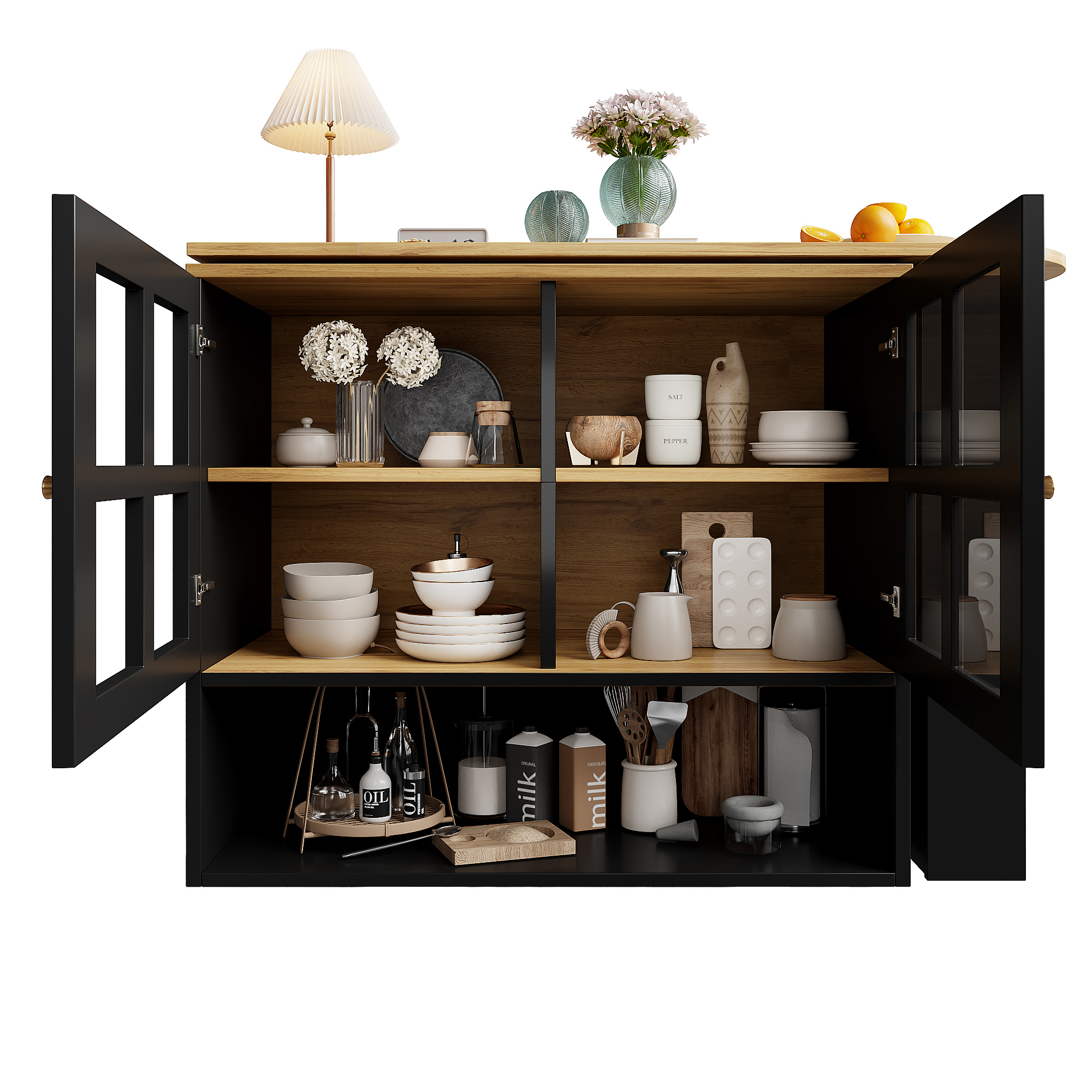 Buffet haut 138 cm extensible à 204 cm, portes verre trempé, poignées métal, MDF, pour salon et entrée, design élégant, beaucoup de rangement, style moderne, stabilité, facile montage, décoration - image 14