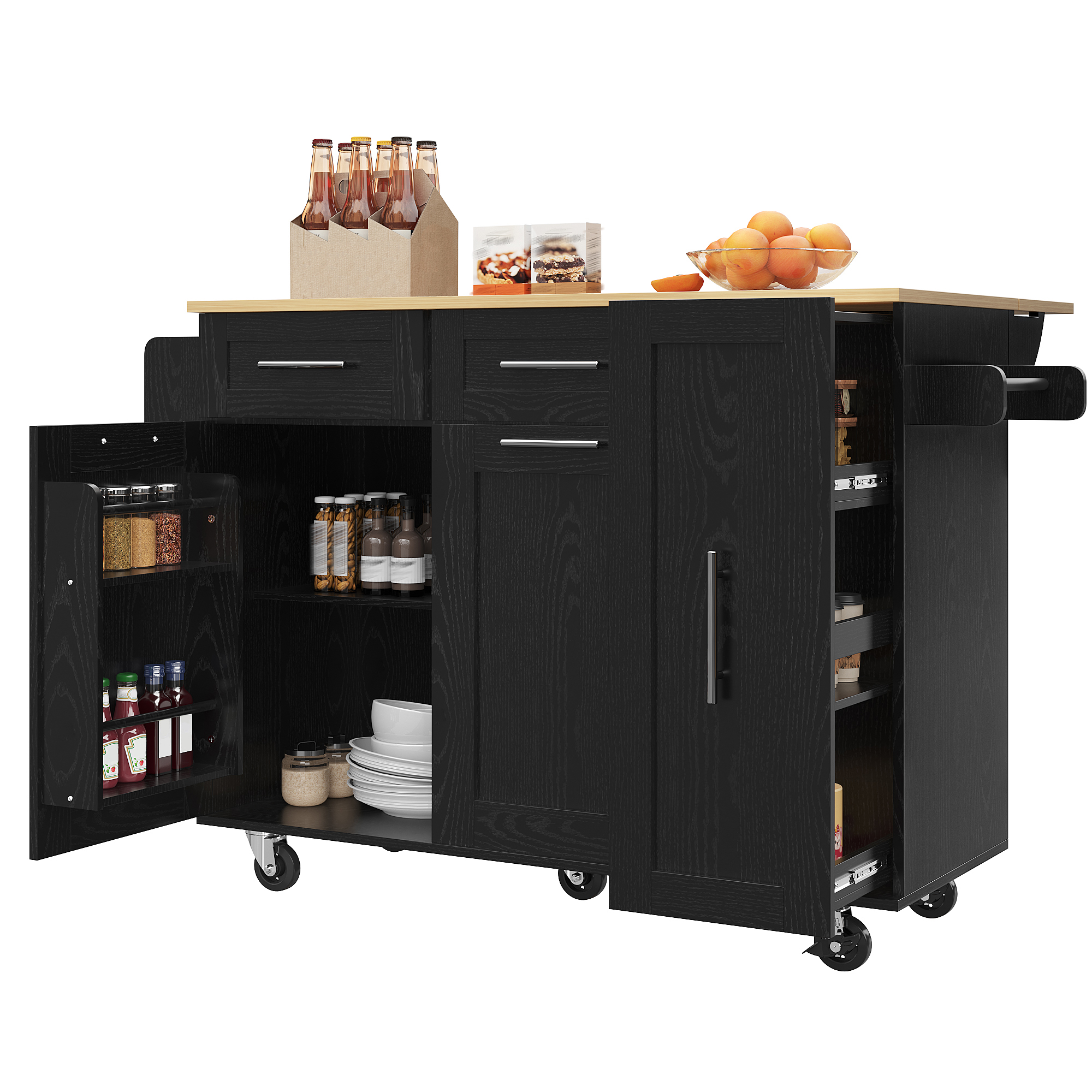 Îlot de cuisine 110×46×90.5 cm avec plateau escamotable 74 cm, MDF imitation bois, poignées zinc, rangements flexibles, pour cuisine, design moderne, beaucoup de stockage, style fonctionnel, stabilité, facile entretien - image 13