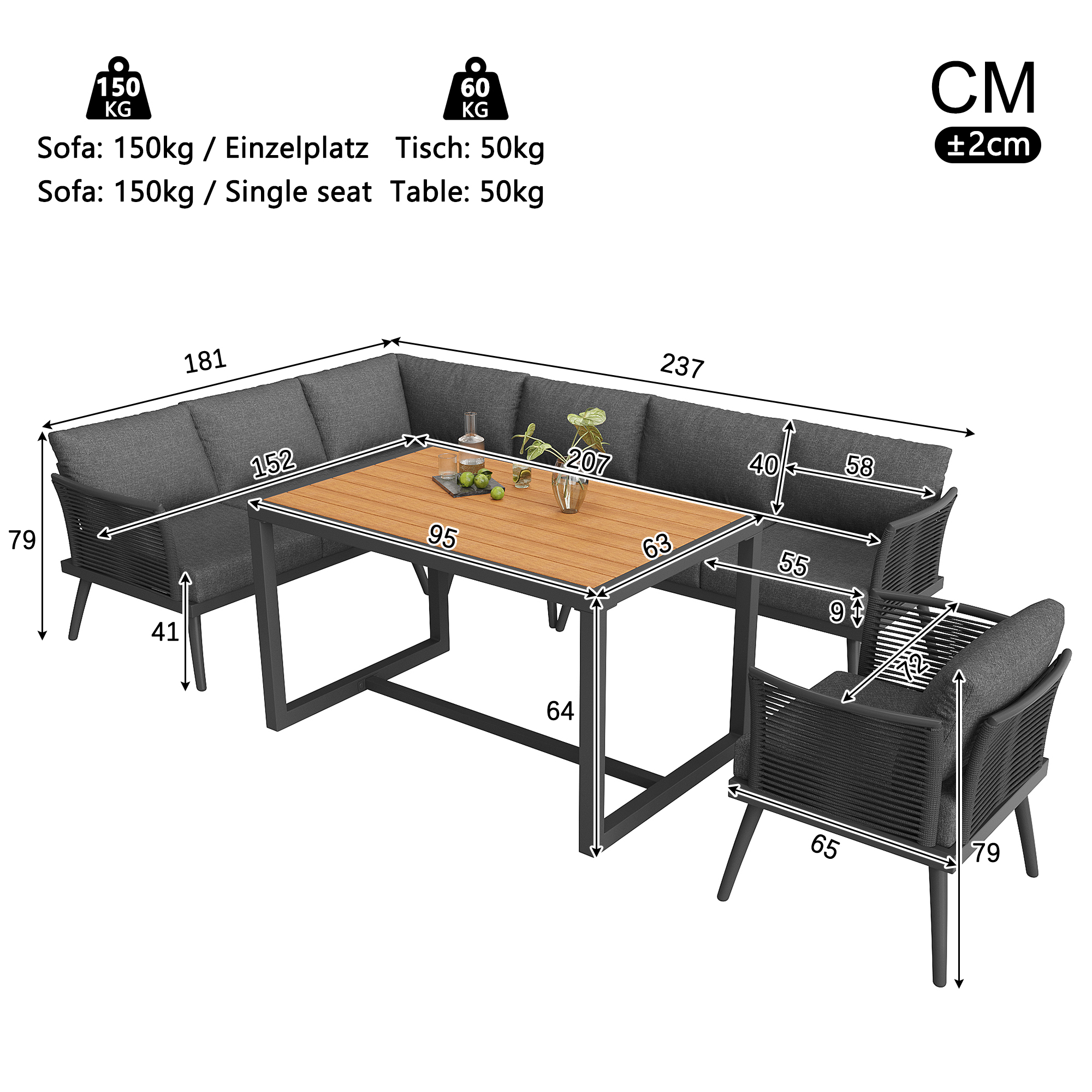 Salon de jardin modulable 7 places en L avec fauteuils et table basse WPC, structure fer, coussins, Gris - détails
