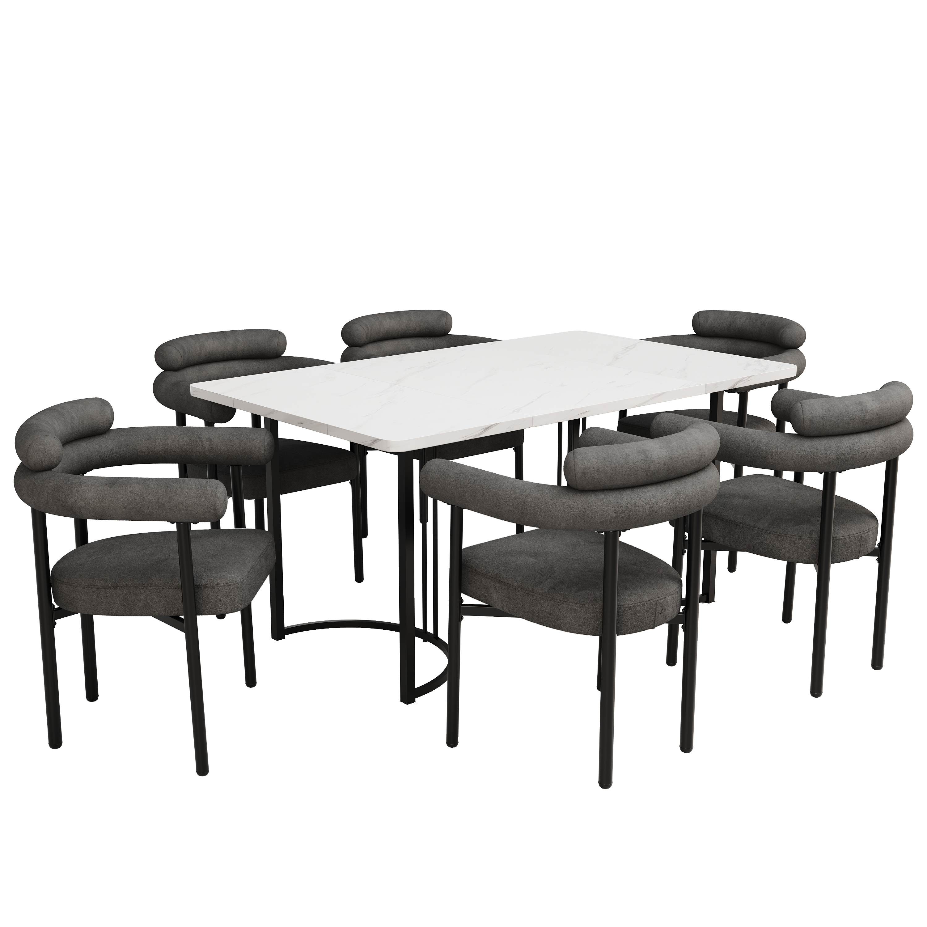 Ensemble table et chaises, 7 pièces, 1 table + 6 chaises, métal et tissu, blanc - vue 3