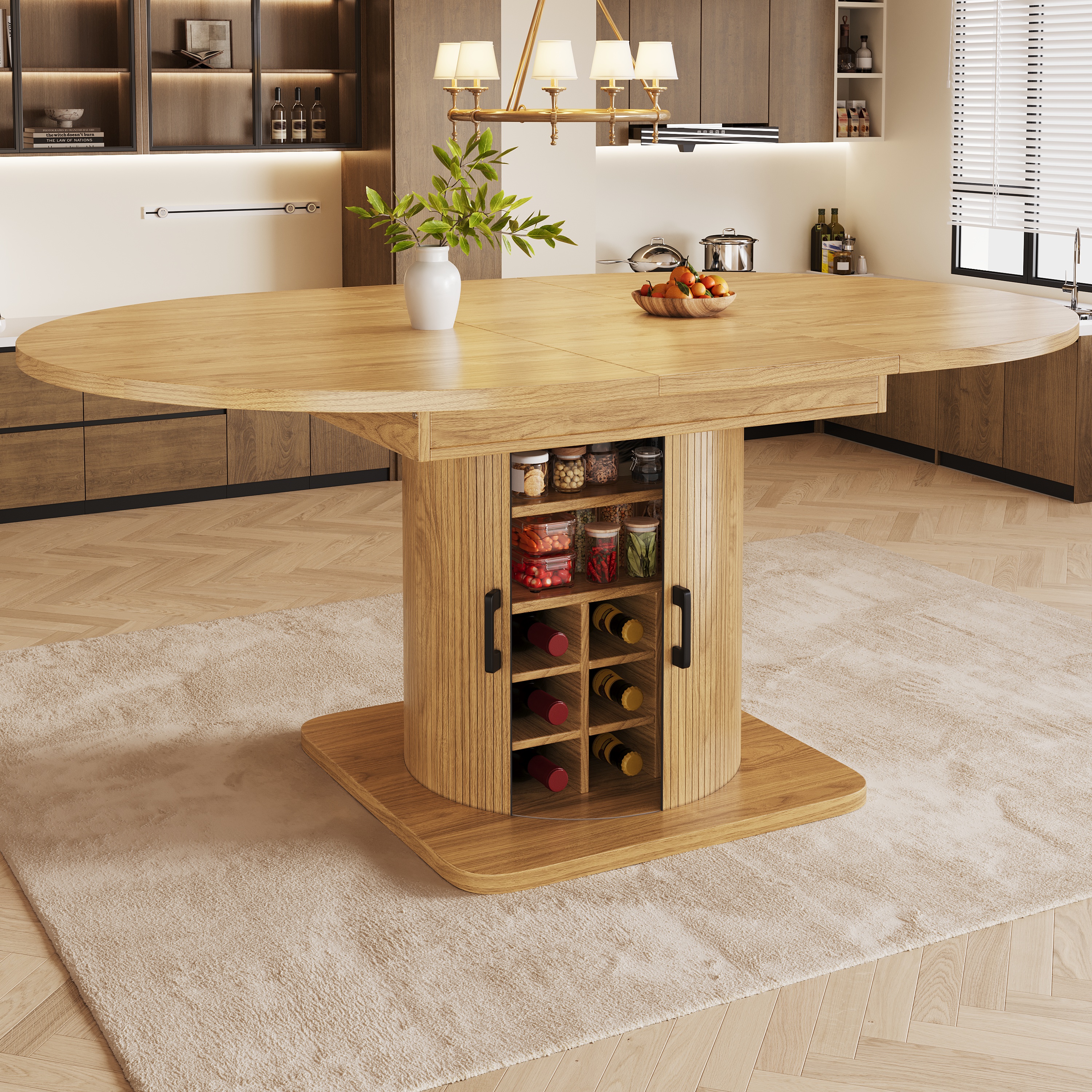 Table à manger extensible avec espace de rangement, table multifonctionnelle avec étagères amovibles, table de cuisine peu encombrante pour petites pièces et salles à manger, plateau en MDF, marron