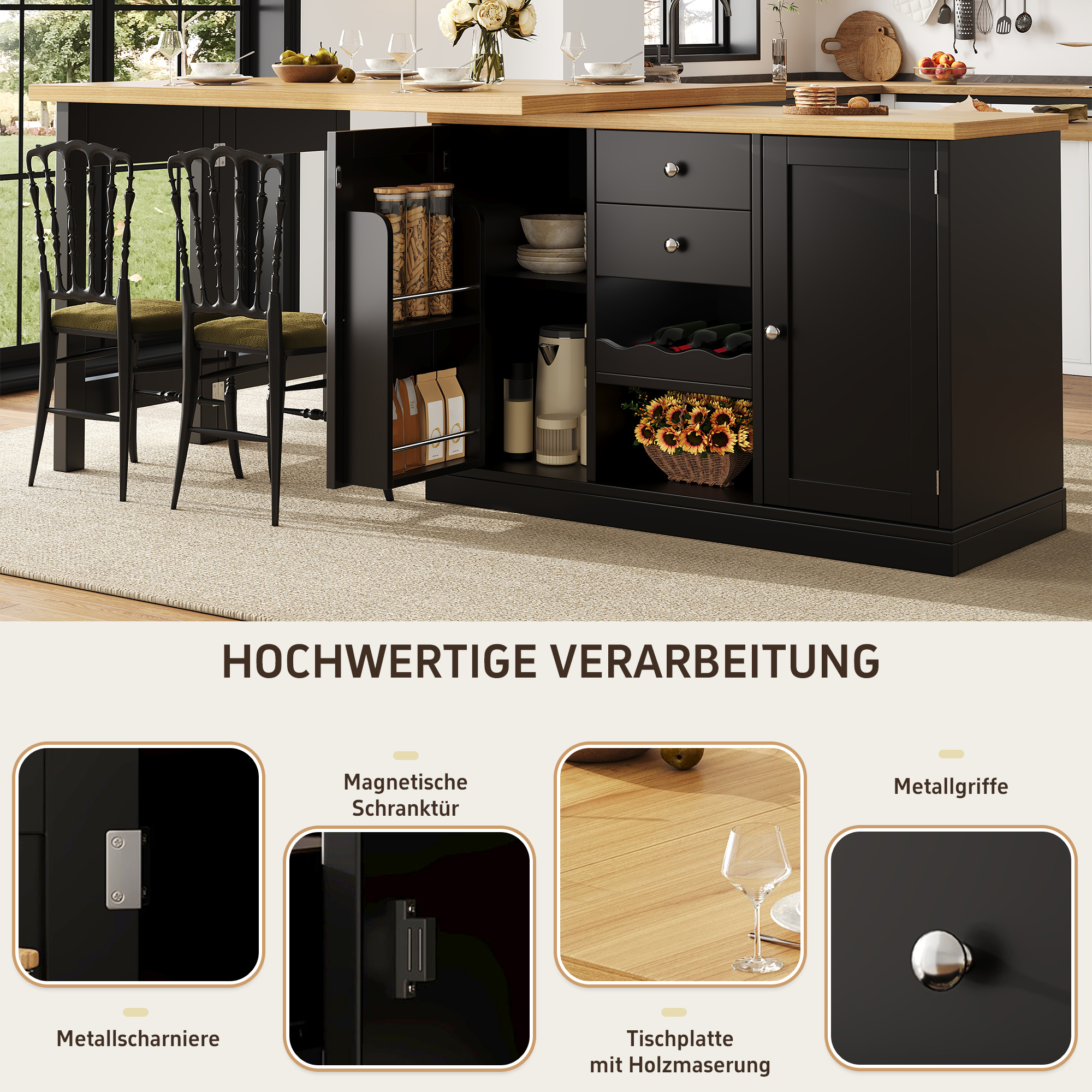 Ausziehbarer Kücheninsel-Esstisch 120-197cm, 360° 