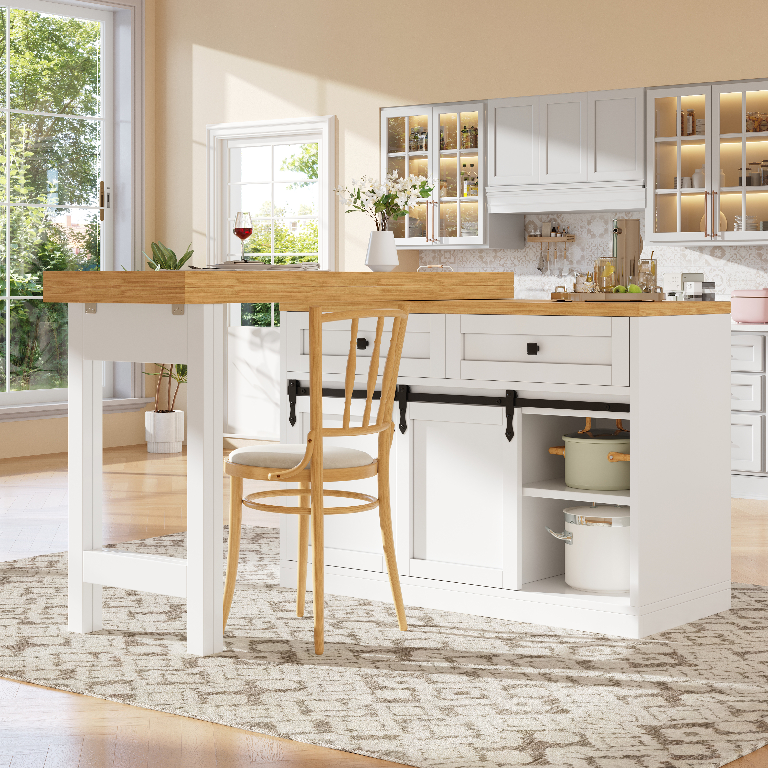 Îlot de cuisine rotatif à 360° avec portes coulissantes au design grange 120-197 cm, 2 tiroirs et étagères réglables, blanc, îlot de cuisine, meuble de rangement, cuisine et salle à manger