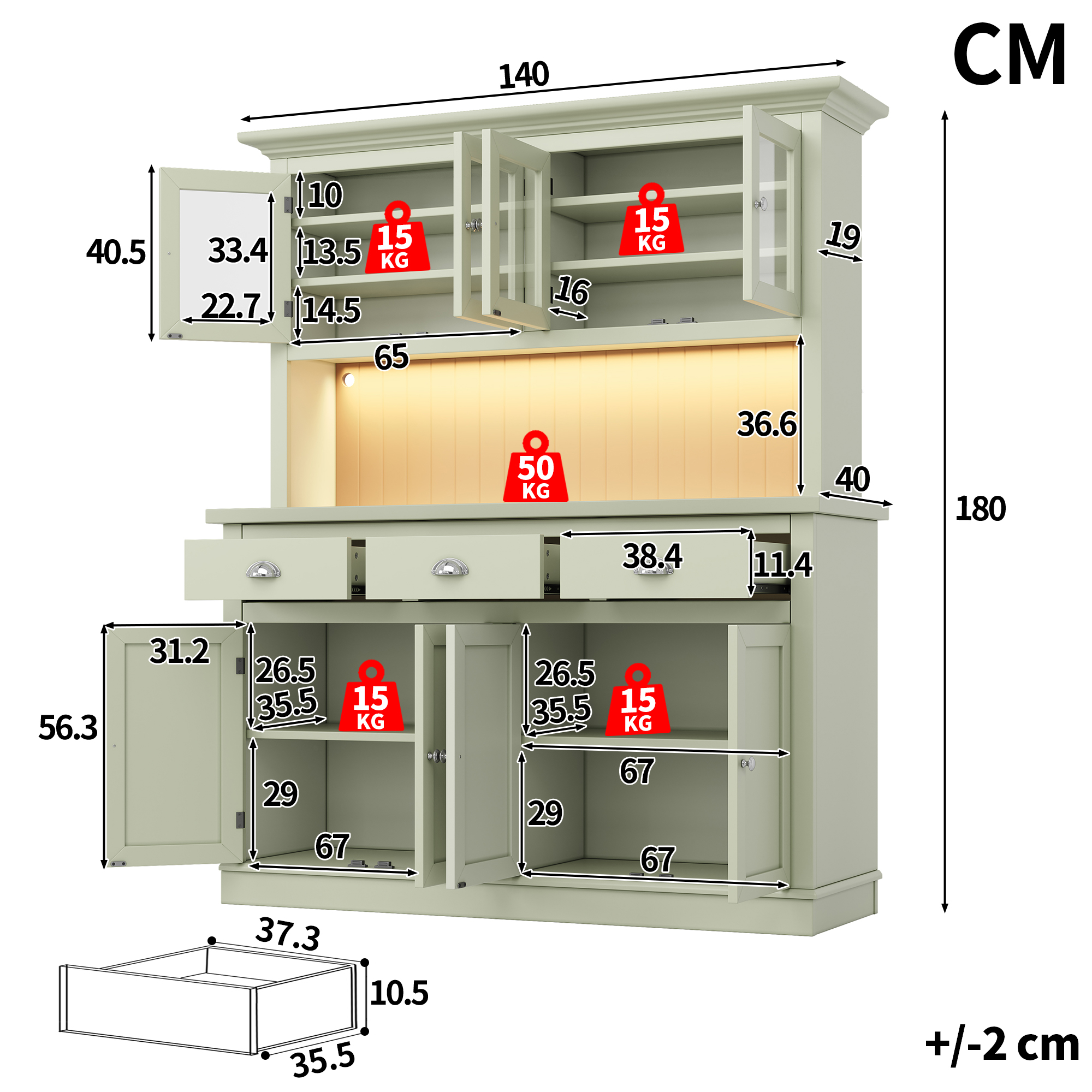 Buffet de cuisine 140 x 40 x 180 cm, LED, étagères réglables, MDF et verre, Vert - détails