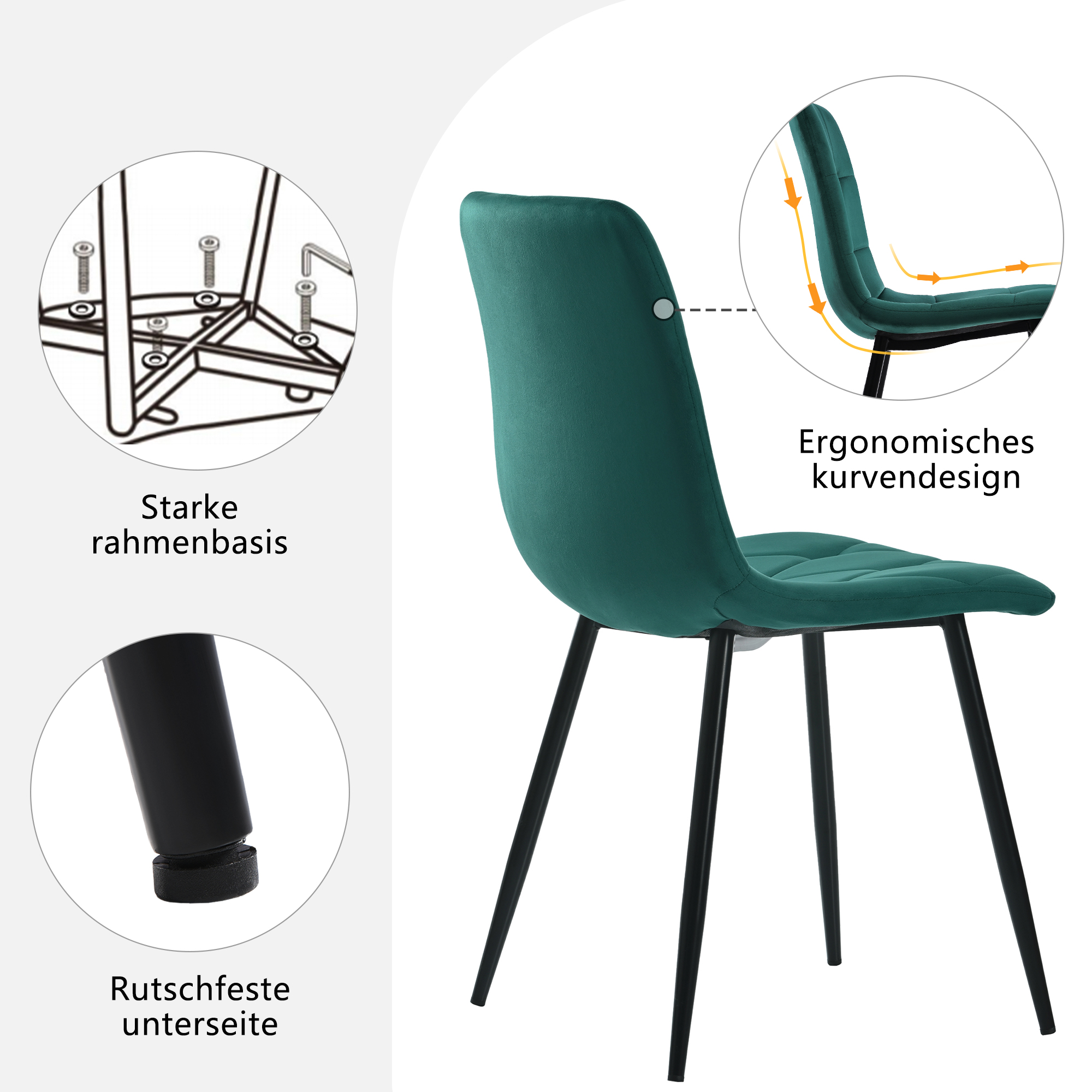 Ensemble table et chaises, 5 pièces, 1 table + 4 chaises, acier et velours, blanc - vue 8
