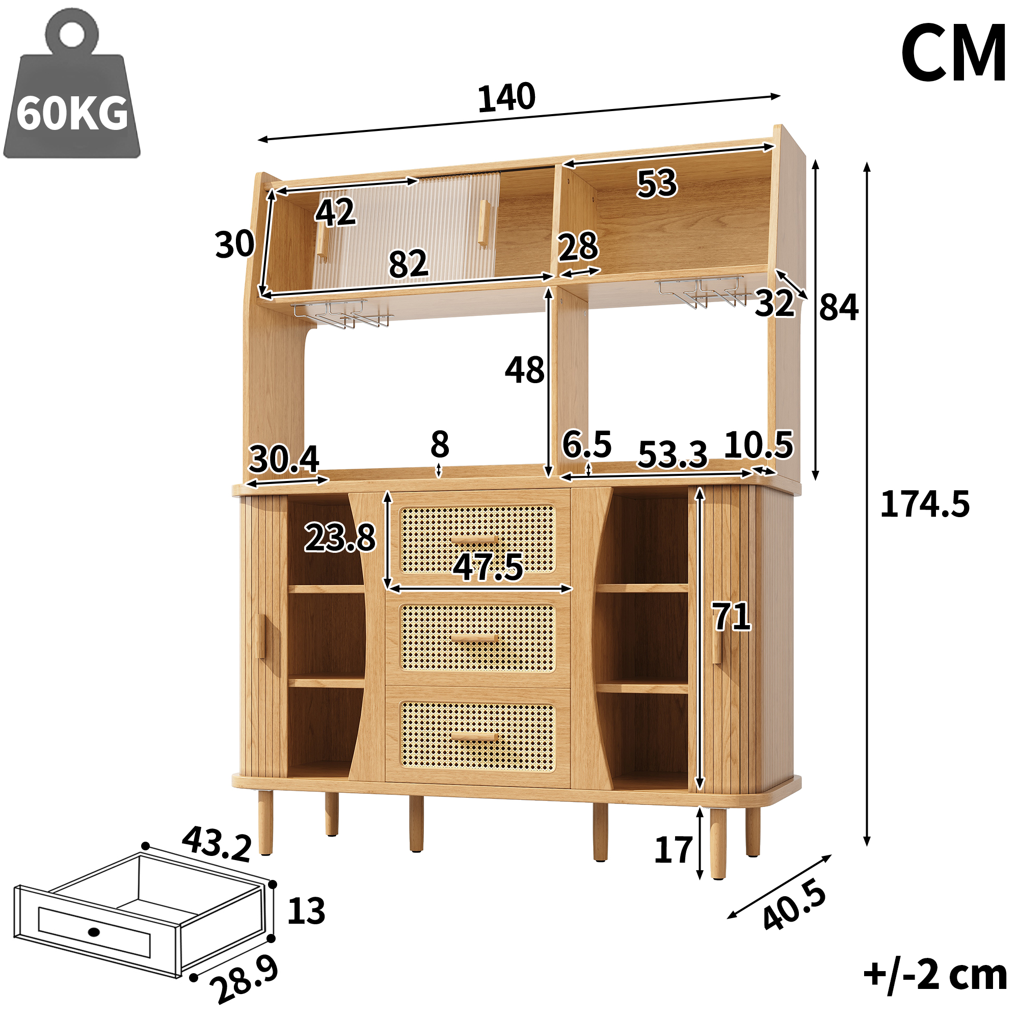 Buffet de haute qualité aspect rotin et portes coulissantes en verre, meuble de cuisine de 174, 5 cm de haut avec espace de rangement, aspect bois naturel/noyer, peut supporter jusqu'à 60 kg