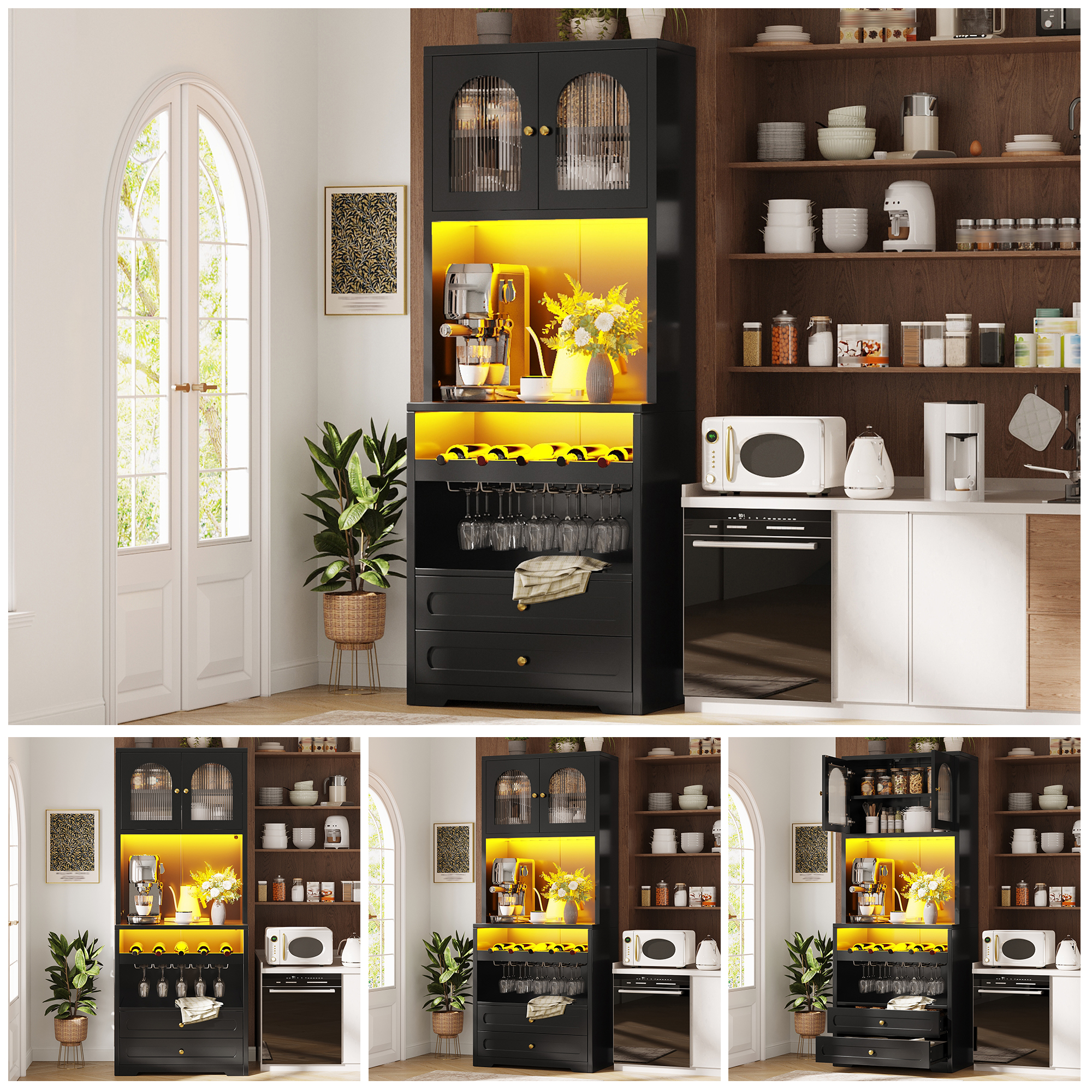 Meuble haut avec portes en verre courbées, éclairage LED via application & synchronisation musicale, étagères réglables, casier à vin, port USB, anti-basculement, pour salon & salle à manger Noir