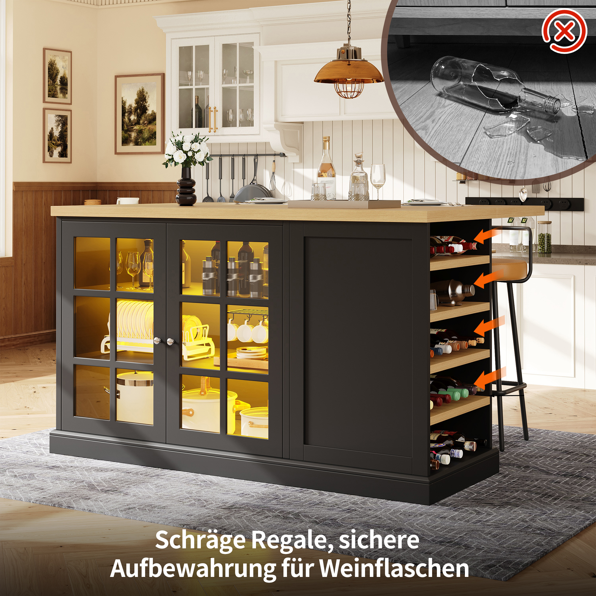 Table de bar pliante multifonctionnelle, îlot de cuisine avec lumière colorée LED intelligente, casier à vin incliné et tiroir de rangement, gain de place pour les petits appartements, fonctionnement
