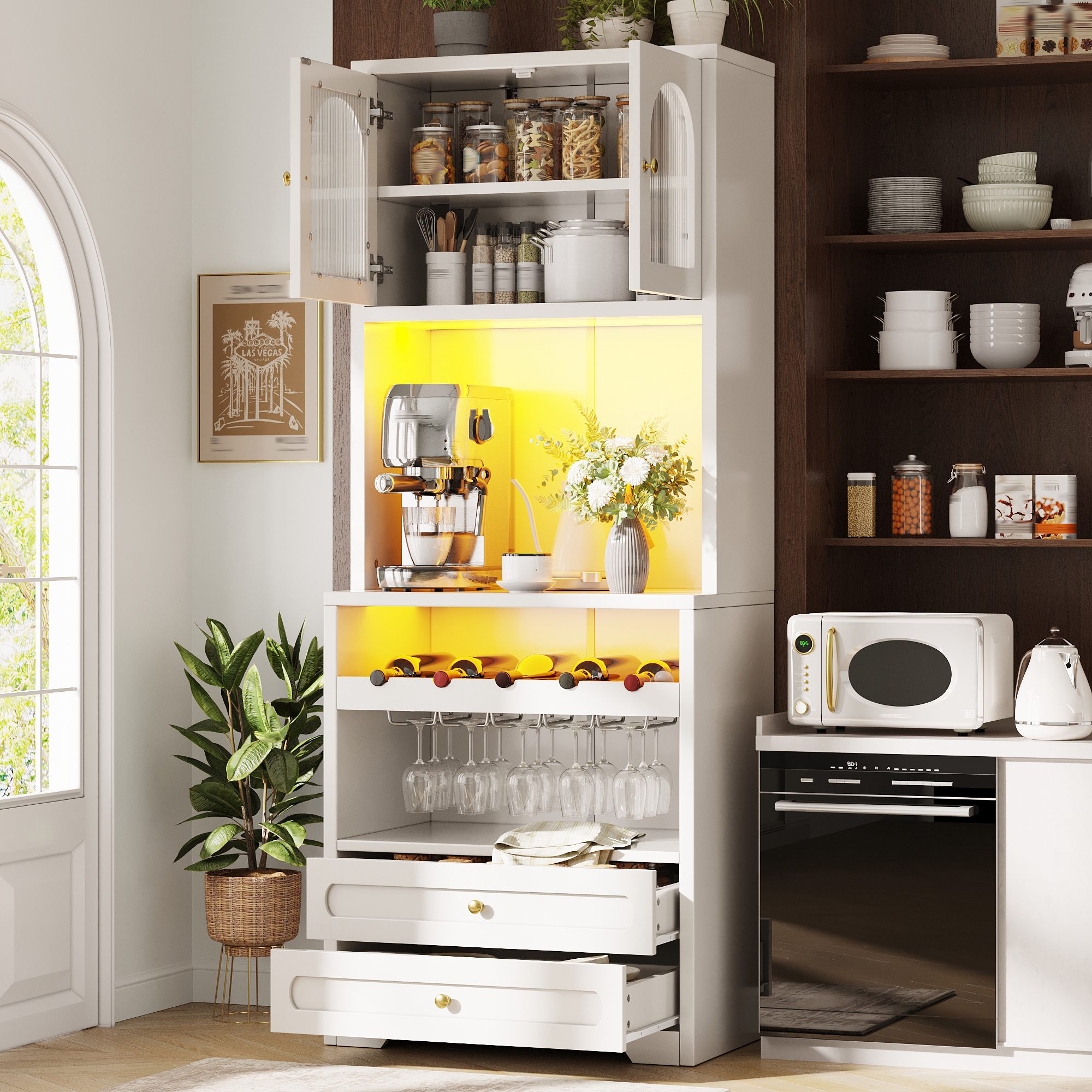 Meuble haut avec portes en verre courbées, éclairage LED via application & synchronisation musicale, étagères réglables, casier à vin, port USB, anti-basculement, pour salon & salle à manger Blanc