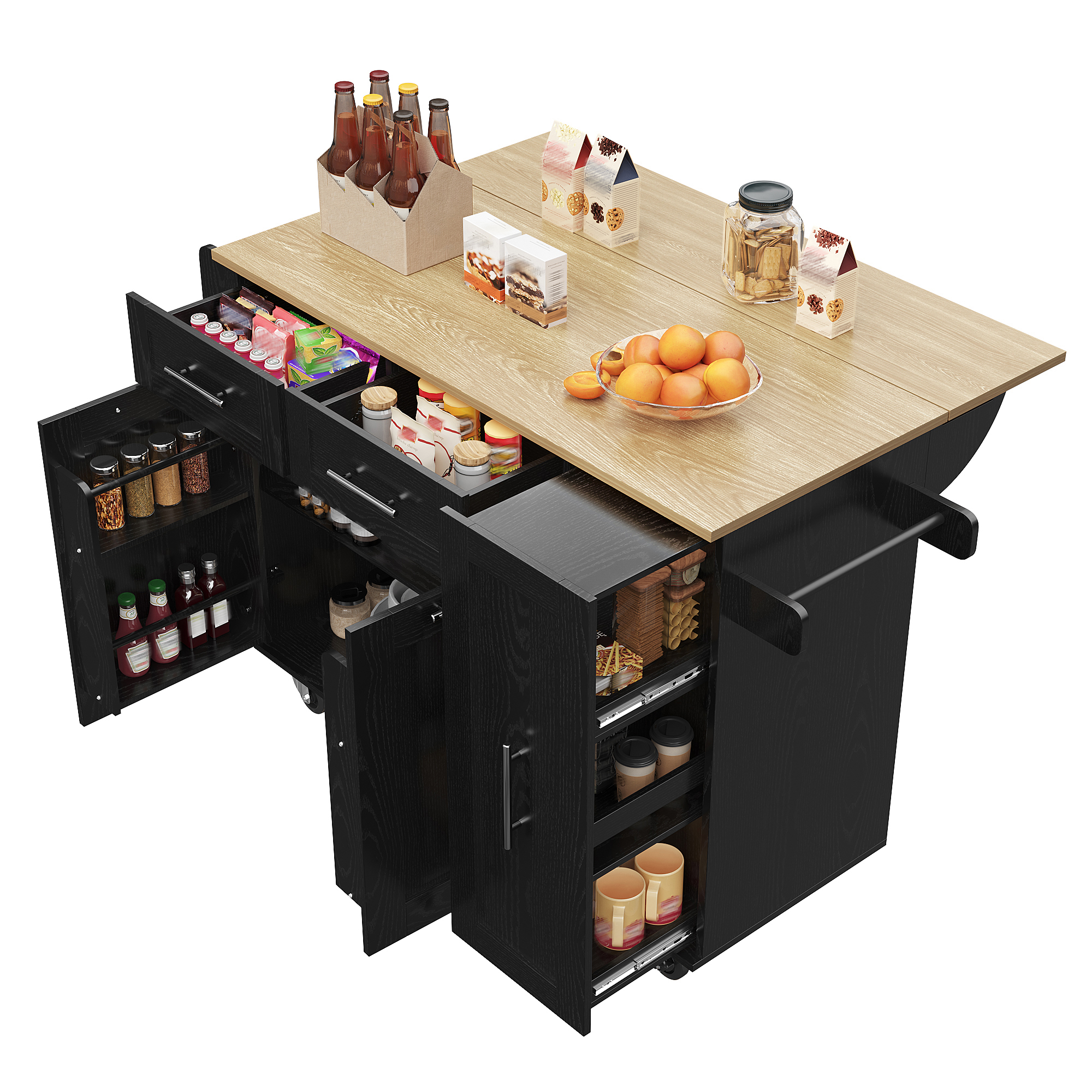 Îlot de cuisine 110×46×90.5 cm avec plateau escamotable 74 cm, MDF imitation bois, poignées zinc, rangements flexibles, pour cuisine, design moderne, beaucoup de stockage, style fonctionnel, stabilité, facile entretien - image 15