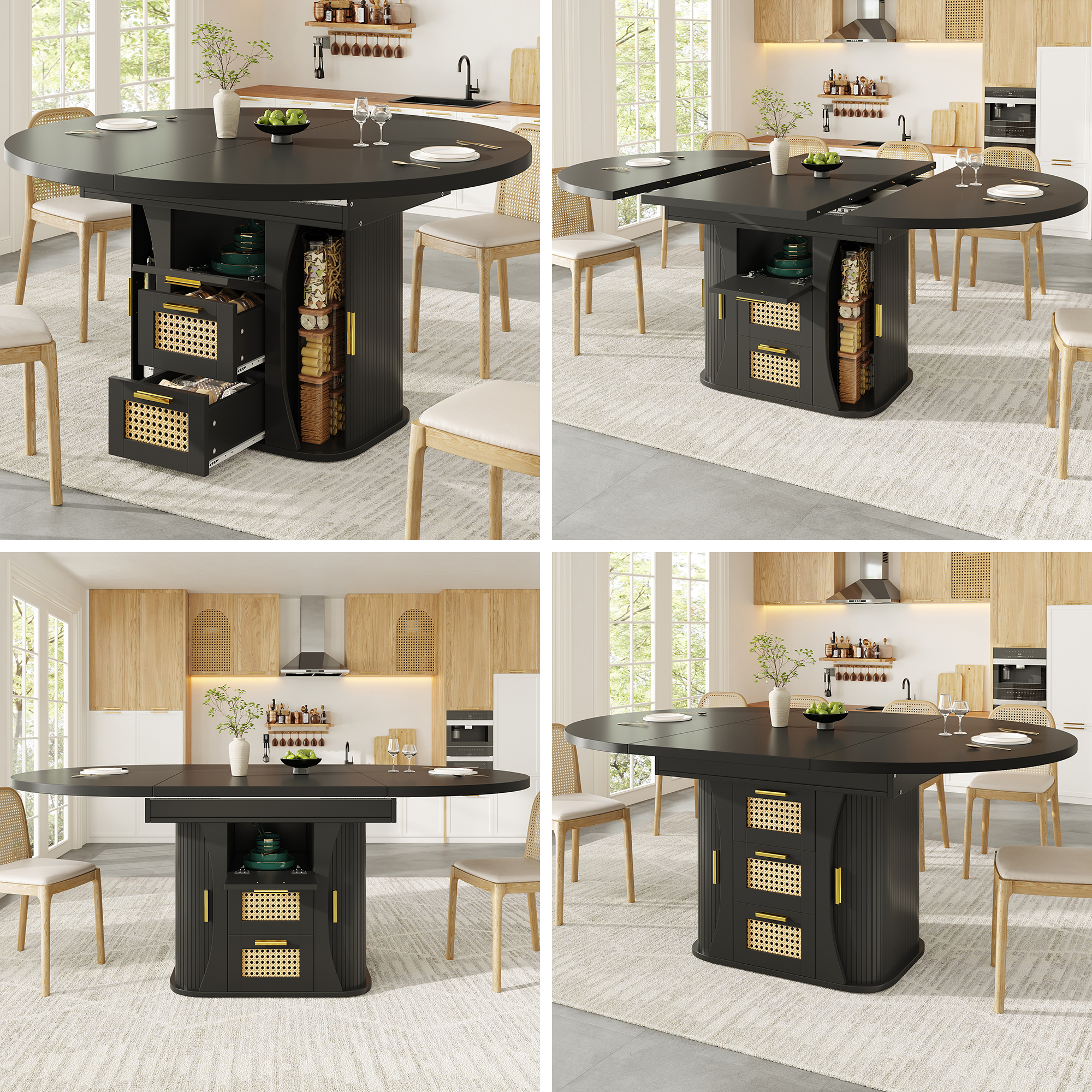 Table à manger extensible noire tiroirs rotin