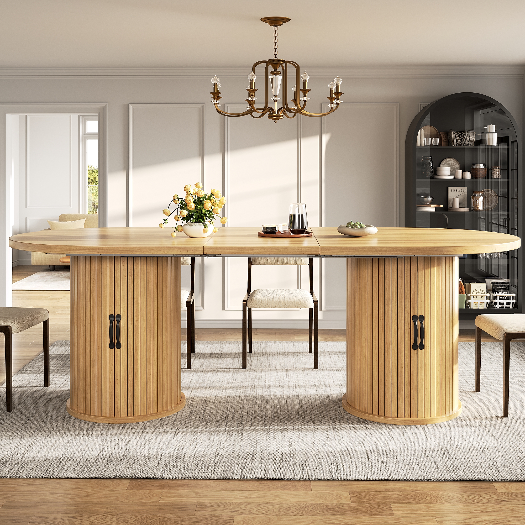 Table à manger extensible, table de cuisine polyvalente avec poignées en métal, gain de place pour les petites pièces, table multifonctionnelle, compartiment de rangement dissimulé, marron naturel