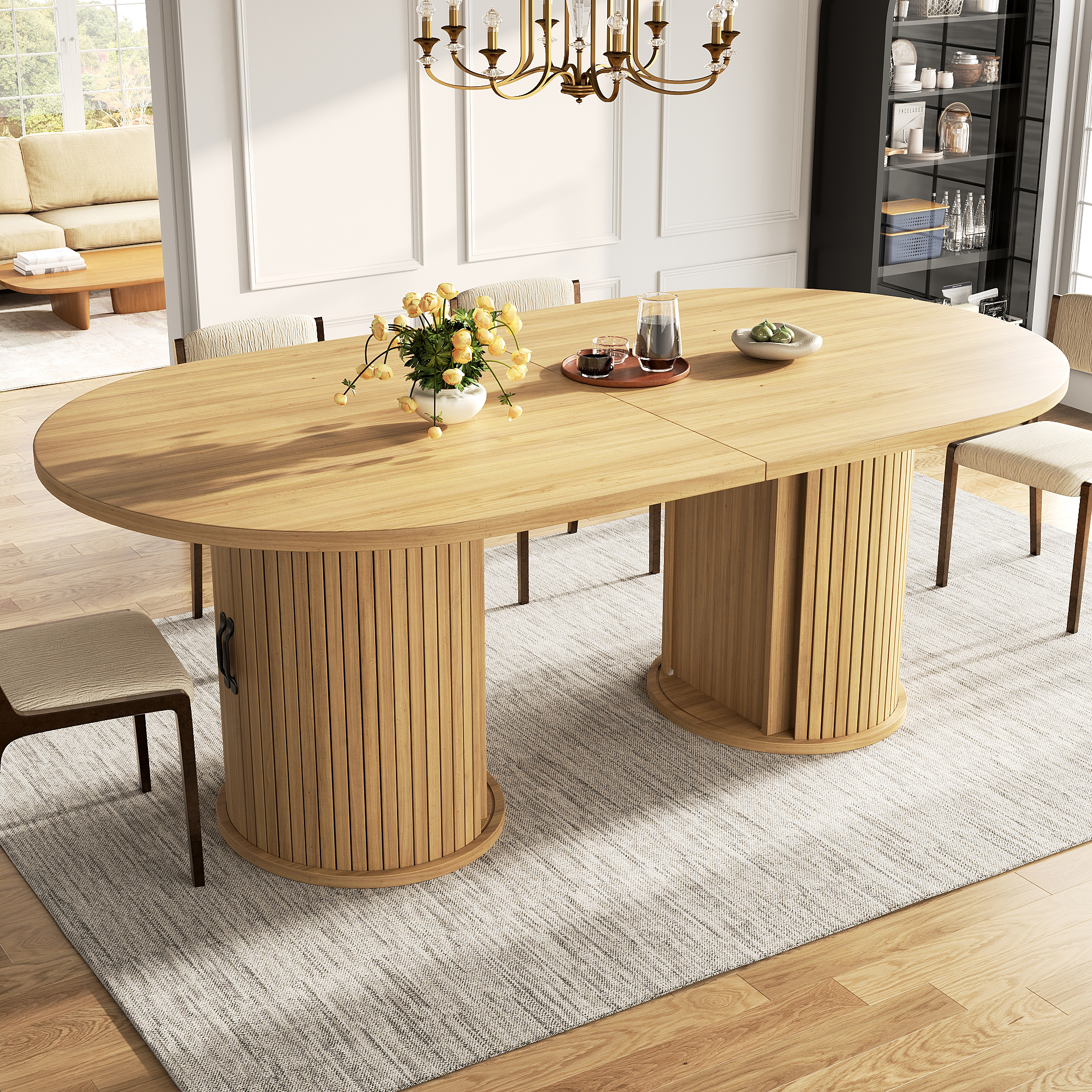 Table à manger extensible, table de cuisine polyvalente avec poignées en métal, gain de place pour les petites pièces, table multifonctionnelle, compartiment de rangement dissimulé, marron naturel