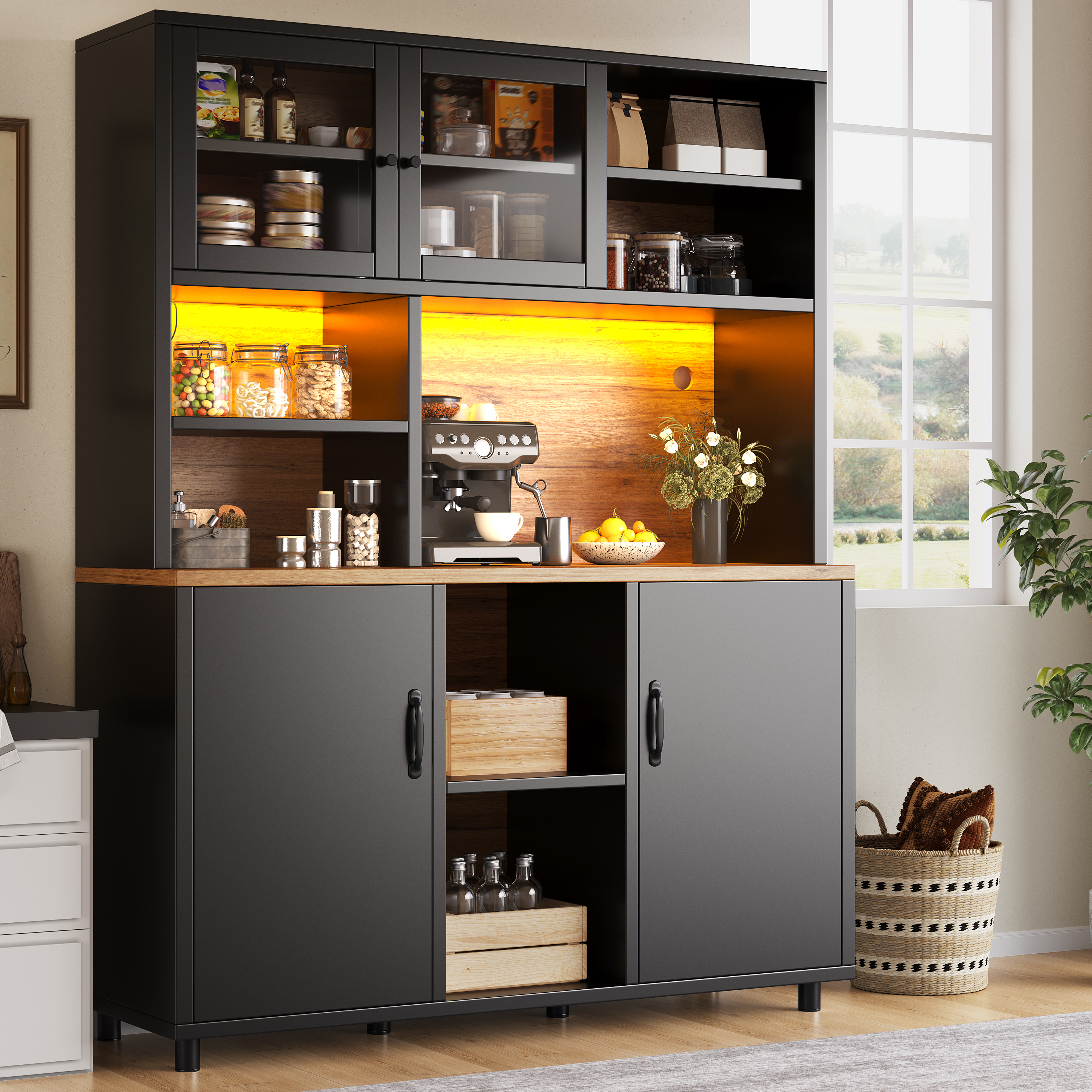 Meuble haut avec éclairage LED, contrôle par application, meuble de cuisine de 185 cm de haut avec portes coulissantes et étagères réglables, noir avec grain de bois, pour cuisine et salle à manger