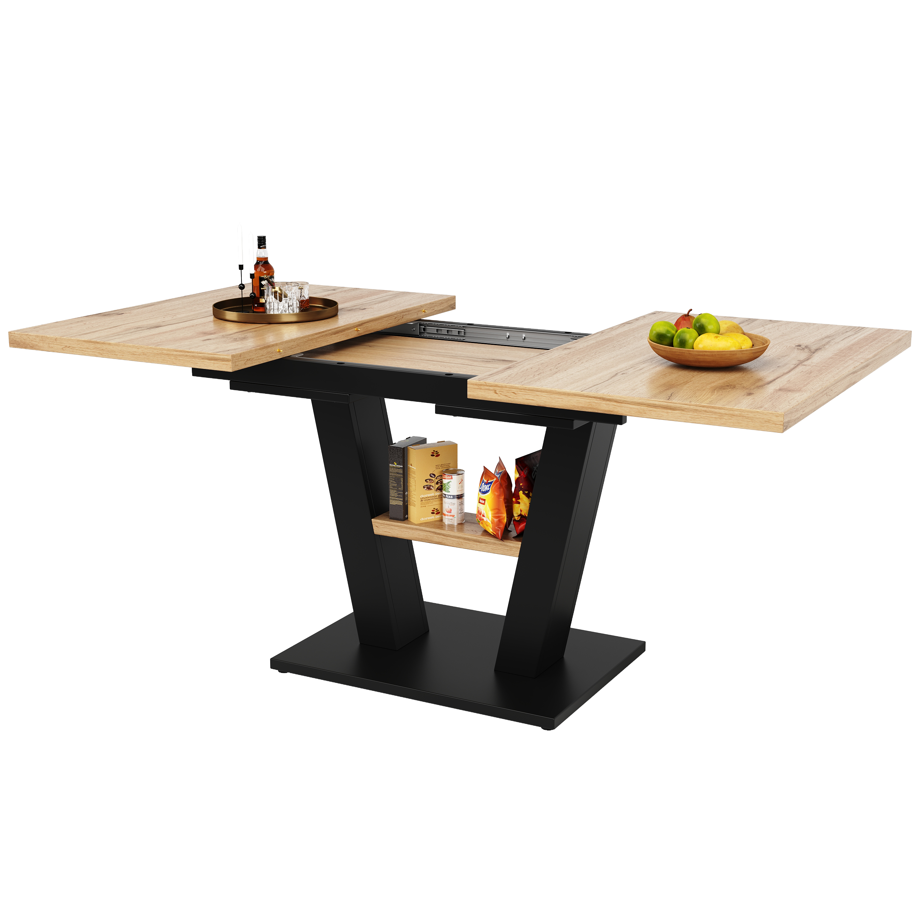 Table à manger extensible 118–157 cm pour 6 à 8 personnes, pieds en V rainurés, MDF, métal, Noir et effet bois naturel - dimensions et détails
