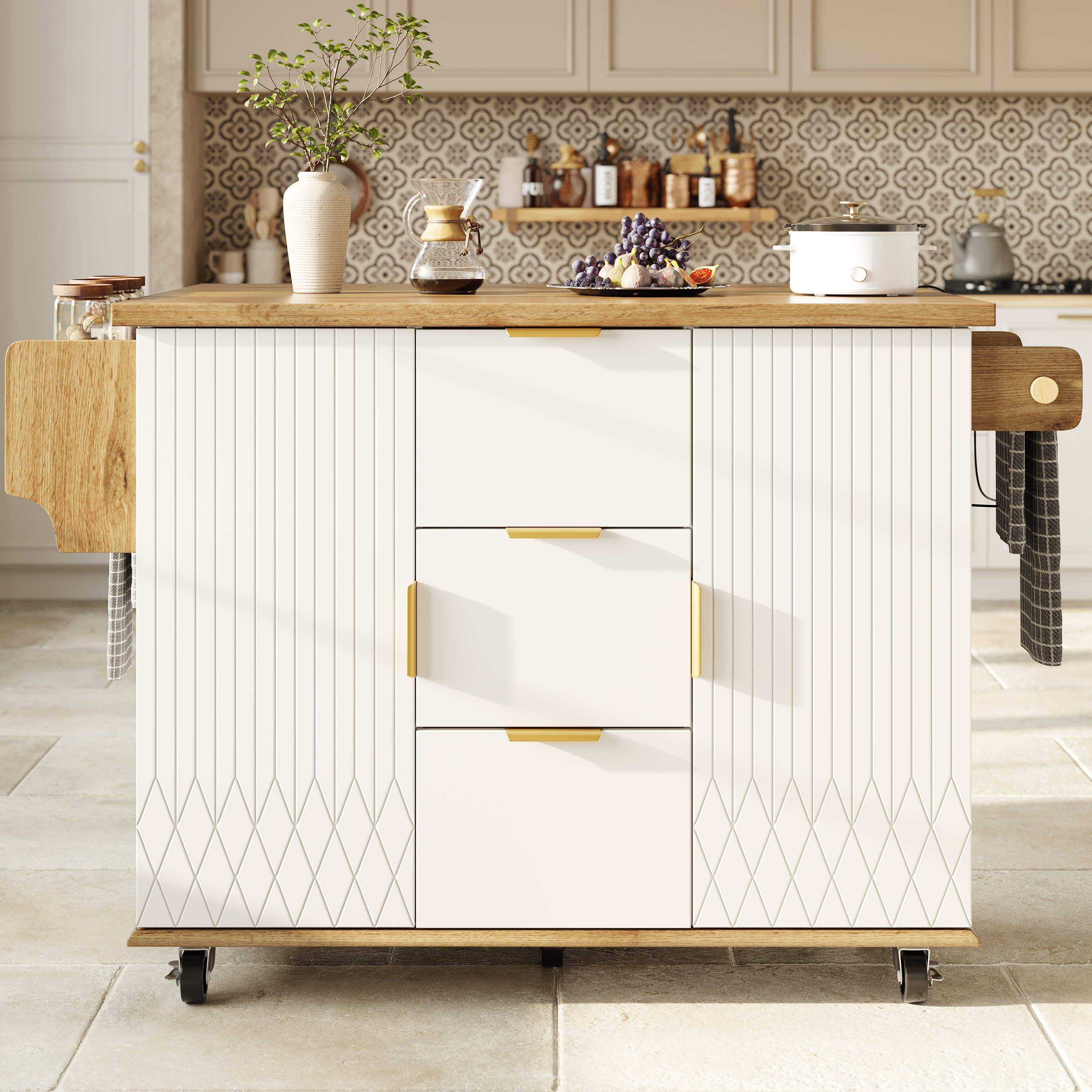 Ensemble chariot de cuisine avec tabourets de bar, îlot de cuisine mobile avec prise électrique et tabourets de bar ergonomiques, aspect bois blanc, desserte de cuisine, chariot de service