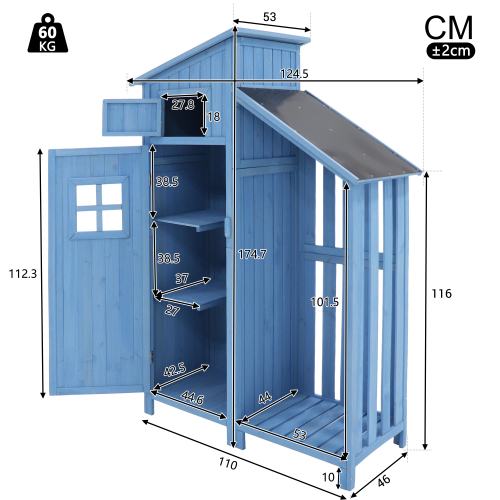 Dimensions de l’armoire de jardin bleue en bois massif