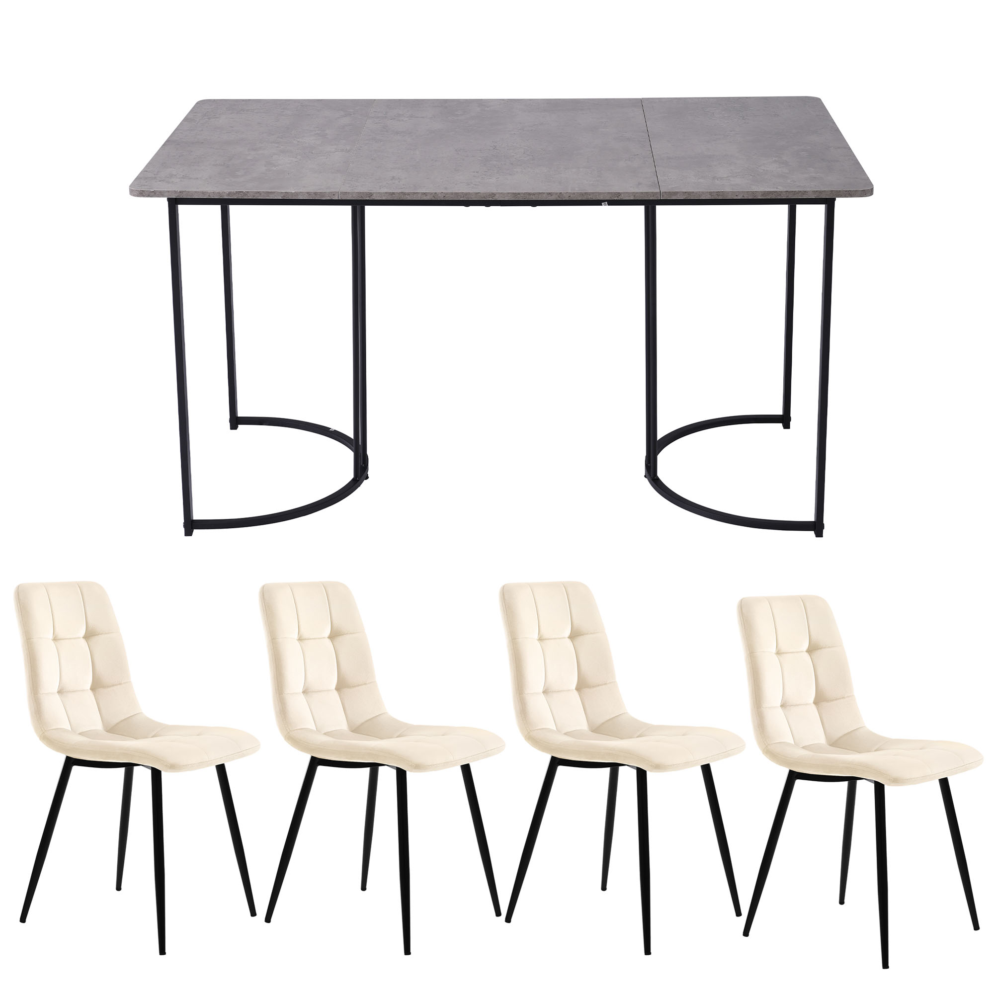 Ensemble table et chaises, 5 pièces, 1 table + 4 chaises, métal et velours, noir - vue 1