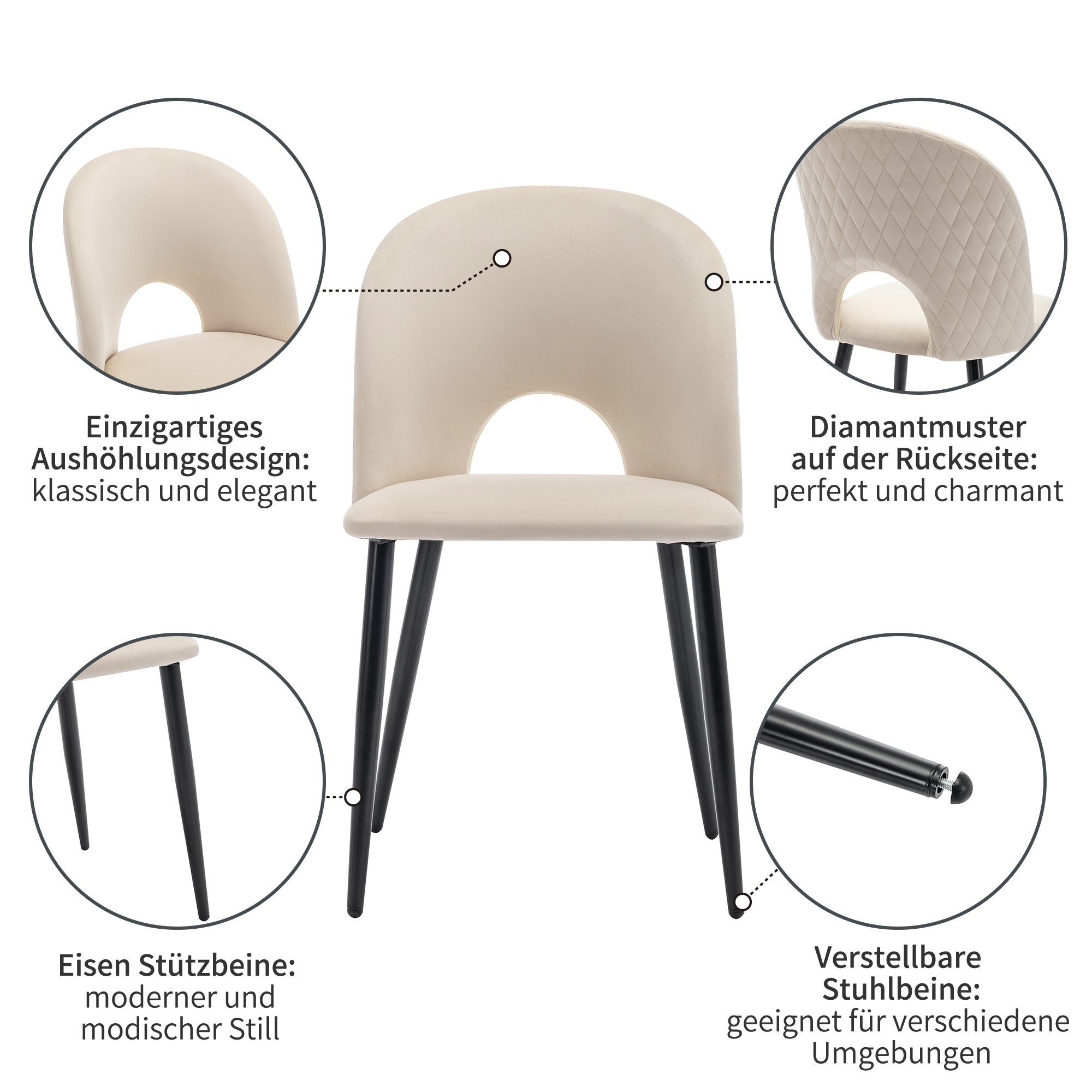 Ensemble table et chaises, 5 pièces, 1 table + 4 chaises, velours et MDF, blanc - vue 8