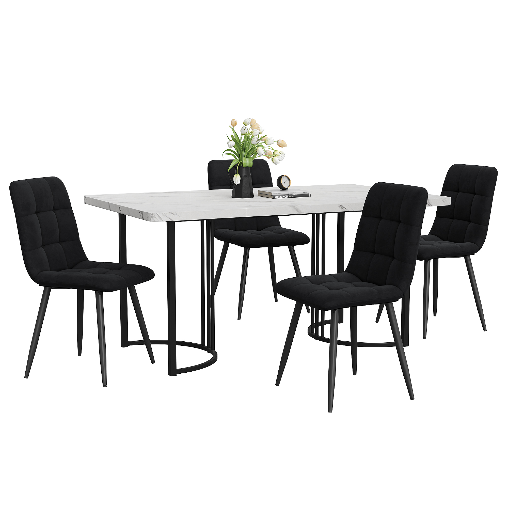 Ensemble table à manger 140×80 cm imitation marbre + chaises velours, pieds métal réglables, pour cuisine et salle à manger, design unique, multifonction, stabilité, style moderne, confort, durabilité, facile entretien - image 3