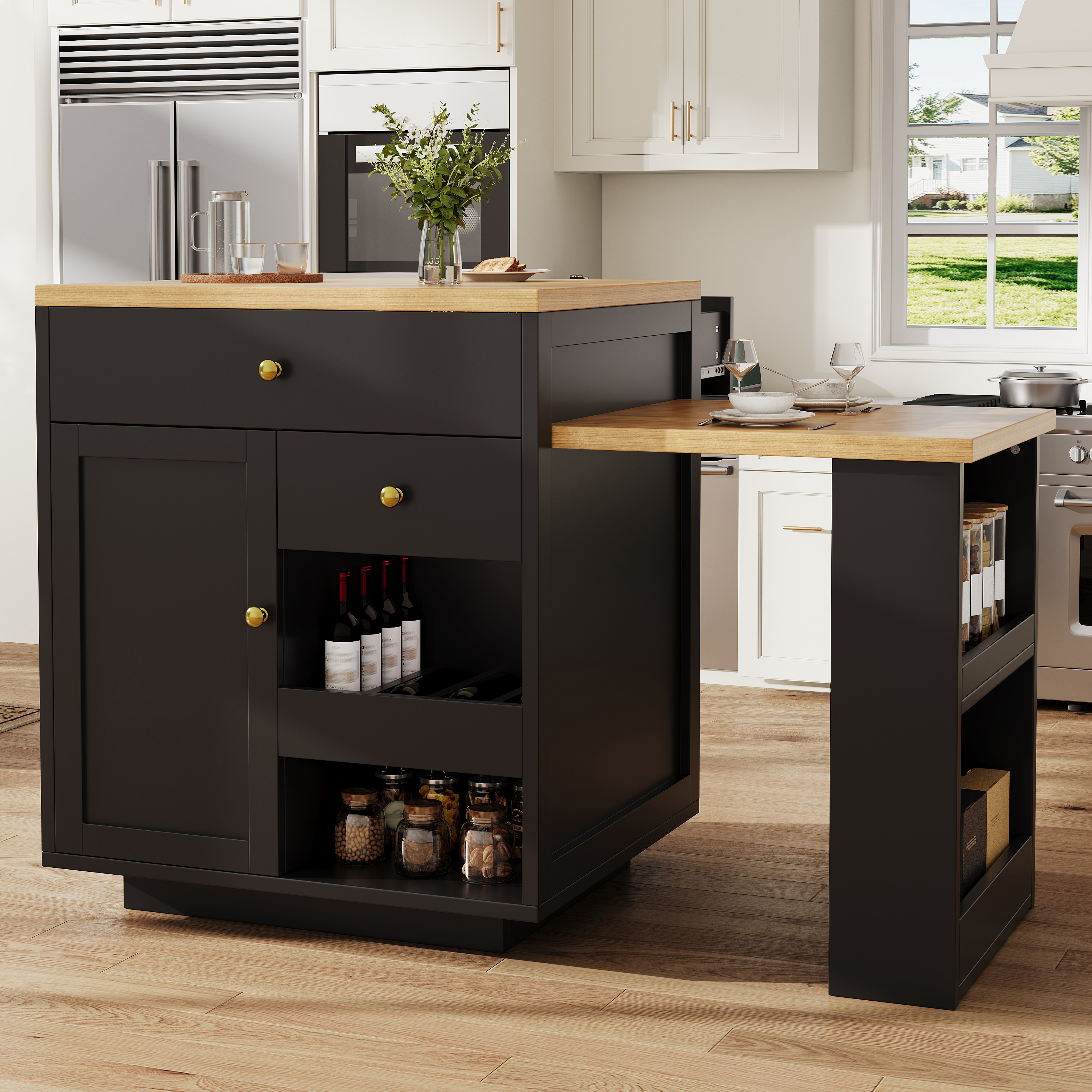 Ilot de cuisine multifonction avec plateau extensible, 122, 5–195, 5 cm, blanc/noir, capacité de charge jusqu'à 60 kg, îlot de cuisine, meuble de rangement, cuisine et salle à manger