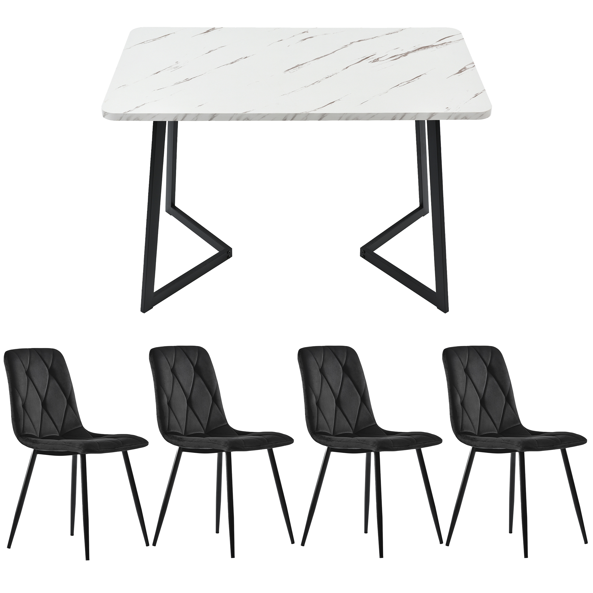 Ensemble table et chaises, 5 pièces, 1 table + 4 chaises, velours et MDF, noir - vue 1