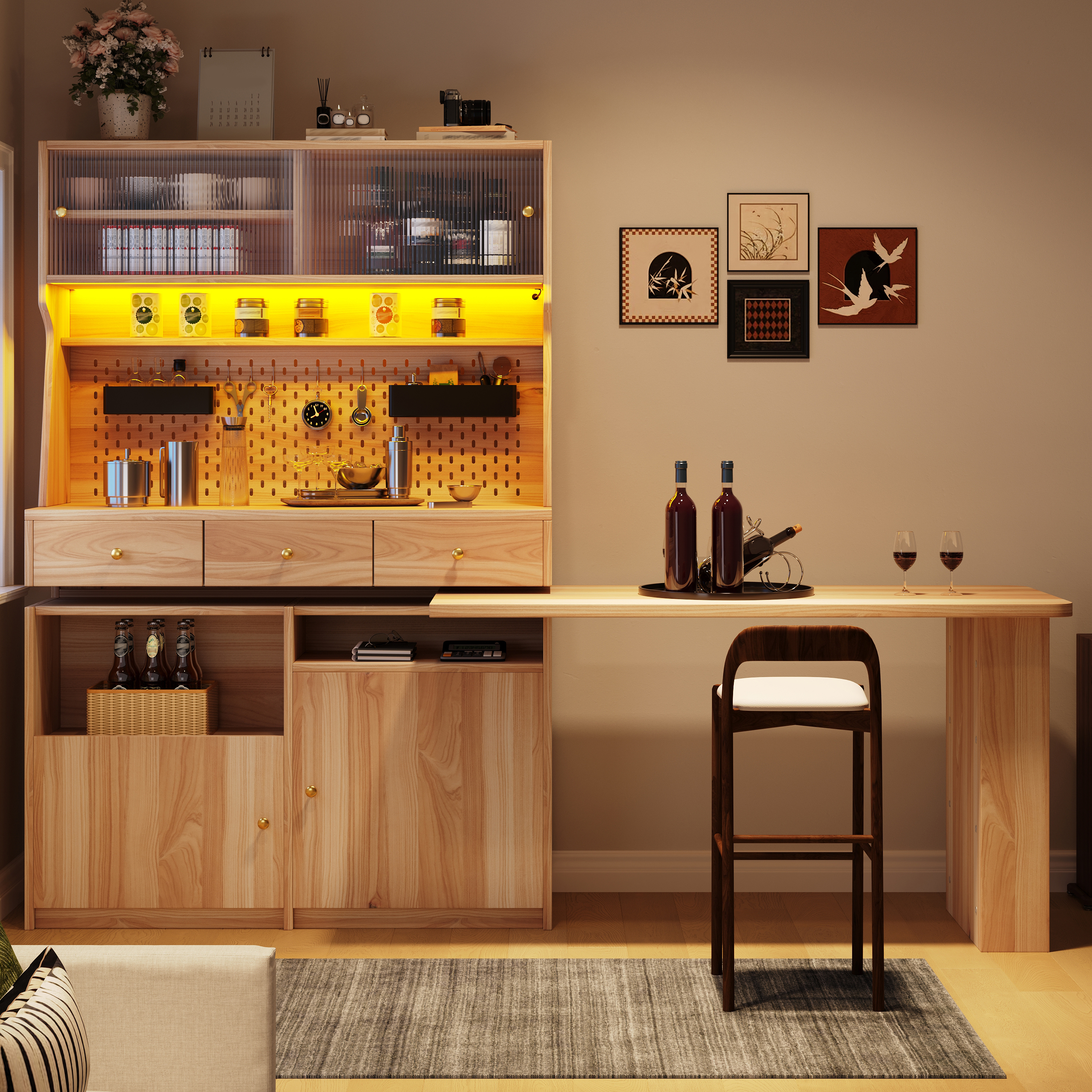Armoire haute avec bureau et table de bar, armoire sur pied multifonctionnelle avec éclairage LED et contrôle par application, portes en verre, étagères réglables, panneau perforé, pour salon, salle