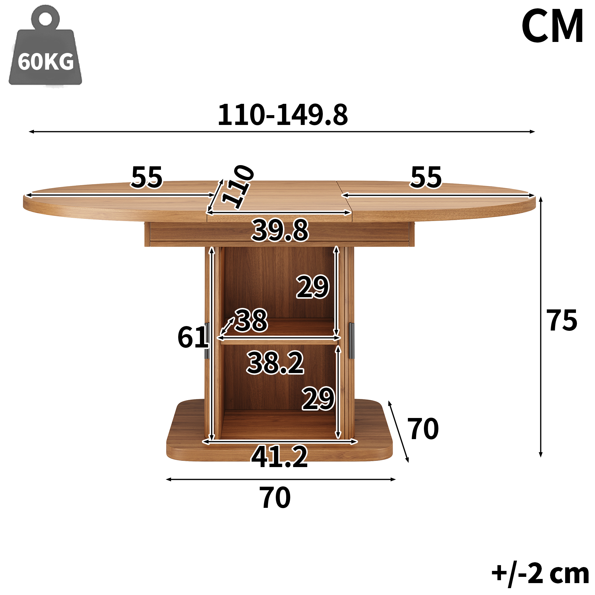 Table à manger ovale extensible 110–150 × 110 × 75 cm avec rangement à portes coulissantes - vue 4