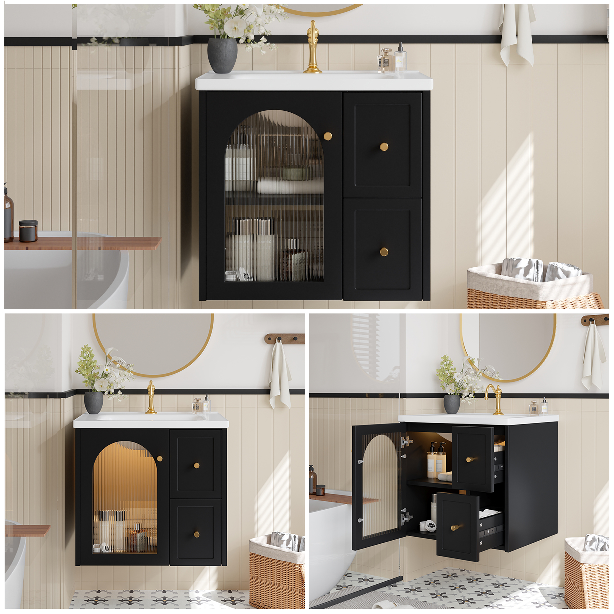 Wandmontierter Badschrank mit Keramikbecken, LED-B