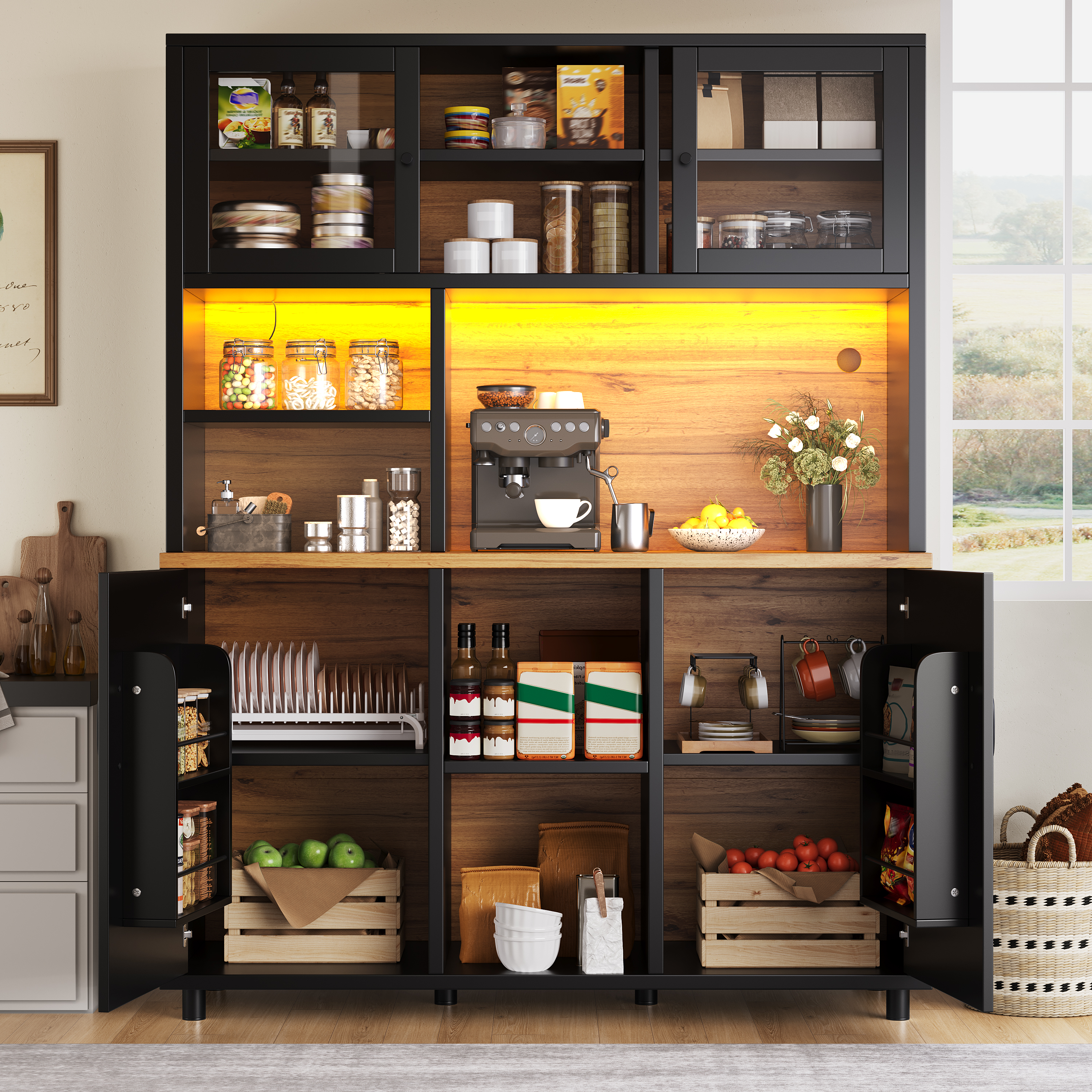 Meuble haut avec éclairage LED, contrôle par application, meuble de cuisine de 185 cm de haut avec portes coulissantes et étagères réglables, noir avec grain de bois, pour cuisine et salle à manger