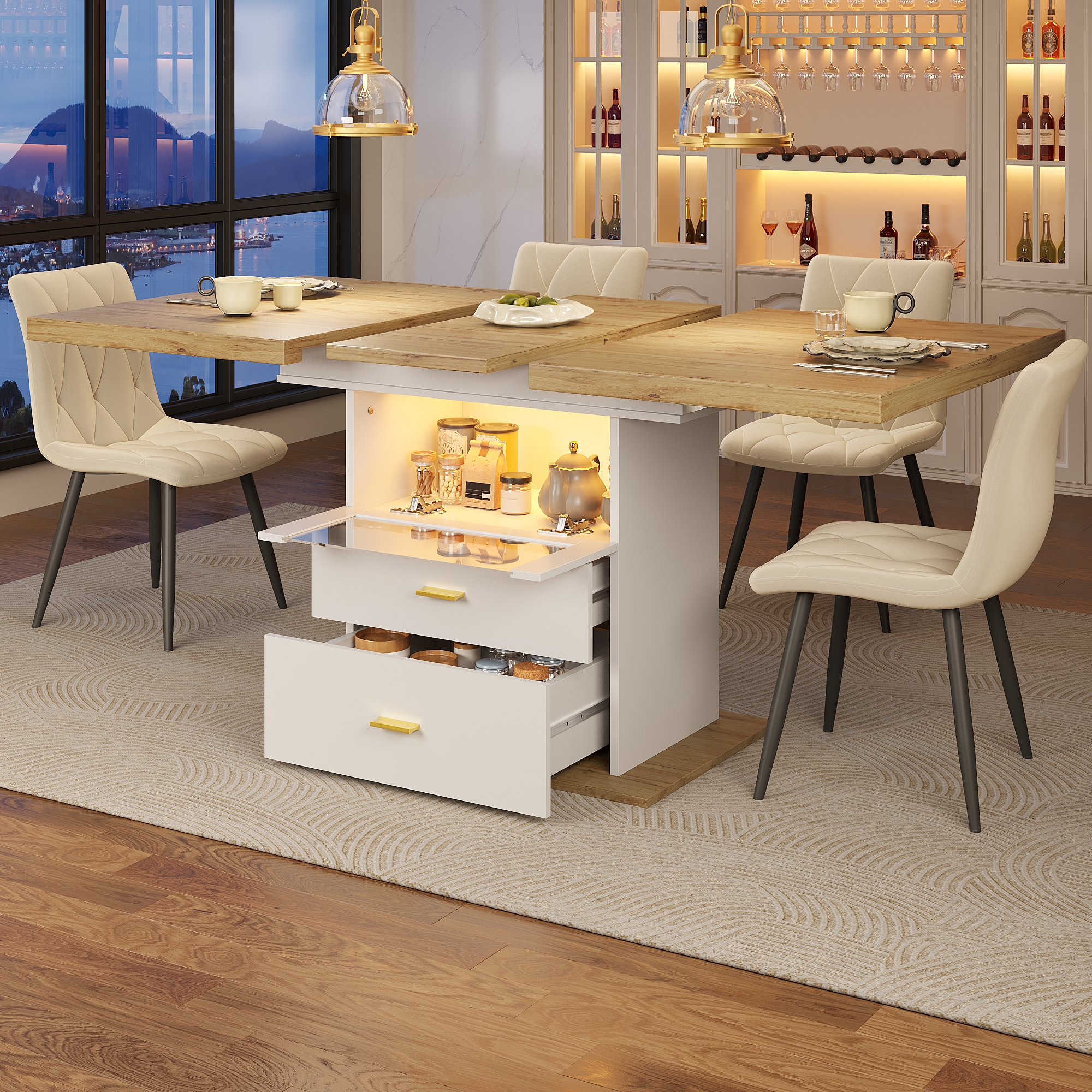 Table à manger extensible avec éclairage LED et contrôle par application, table extensible 110-140 cm avec espace de rangement, aspect bois MDF, pour cuisine et salle à manger, table de salle à manger