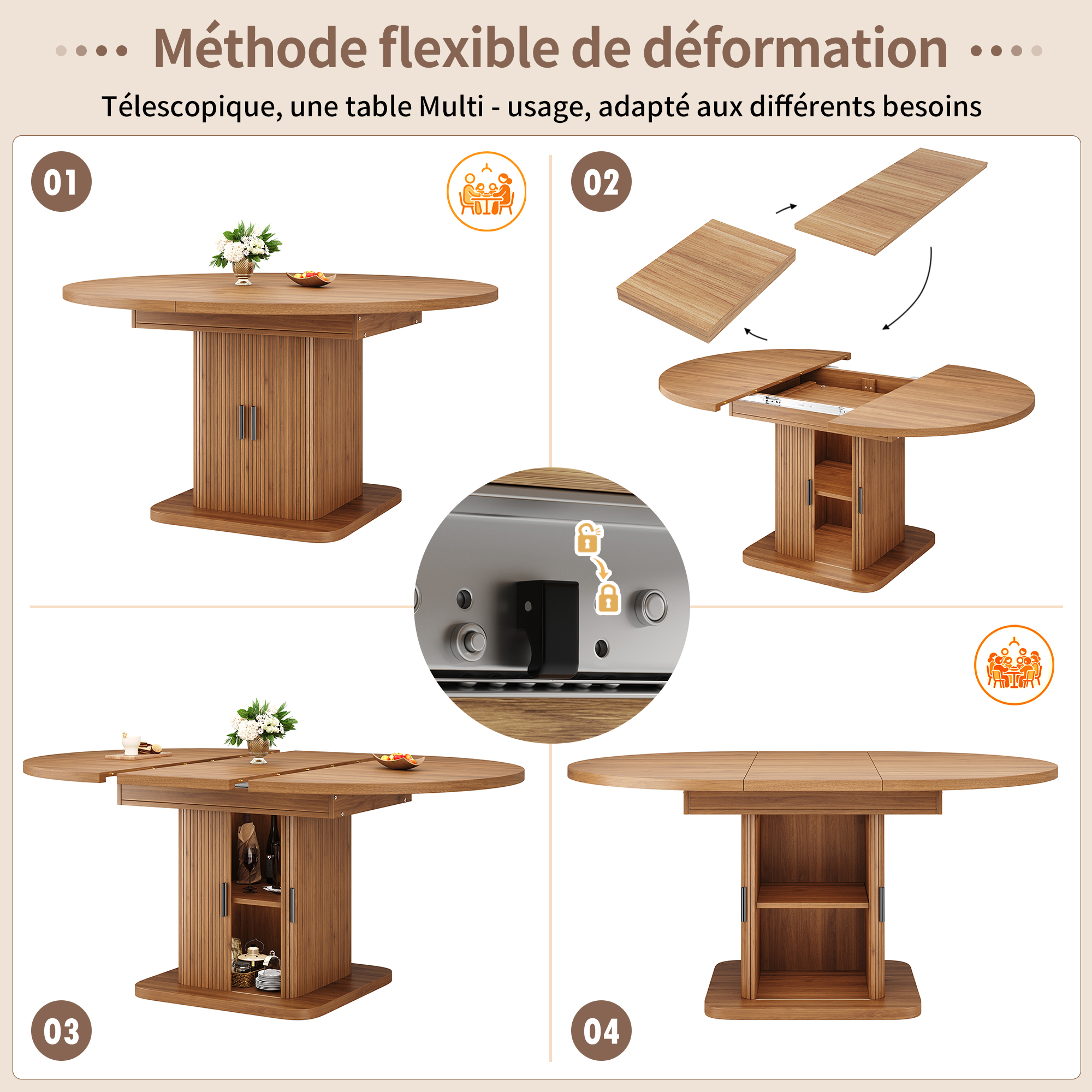 Table à manger extensible 110–149,8 cm x 110 x 75 cm, avec rangement intégré, MDF, Effet bois naturel - vue complémentaire