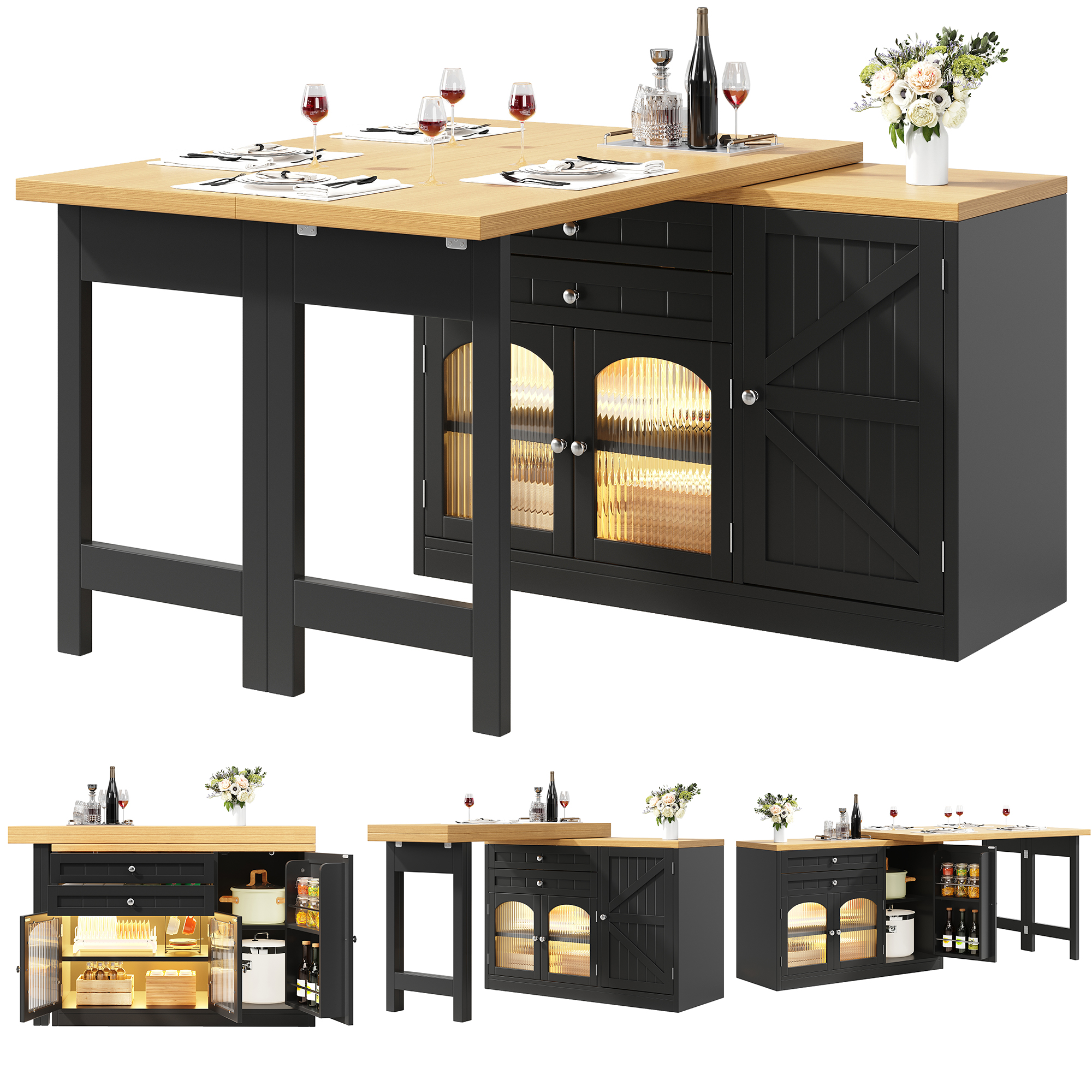 Table à manger extensible pour îlot de cuisine 120-194 cm, plateau rotatif à 360°, avec portes en verre, tiroirs et porte-collations, blanc/noir, îlot de cuisine, meuble de rangement