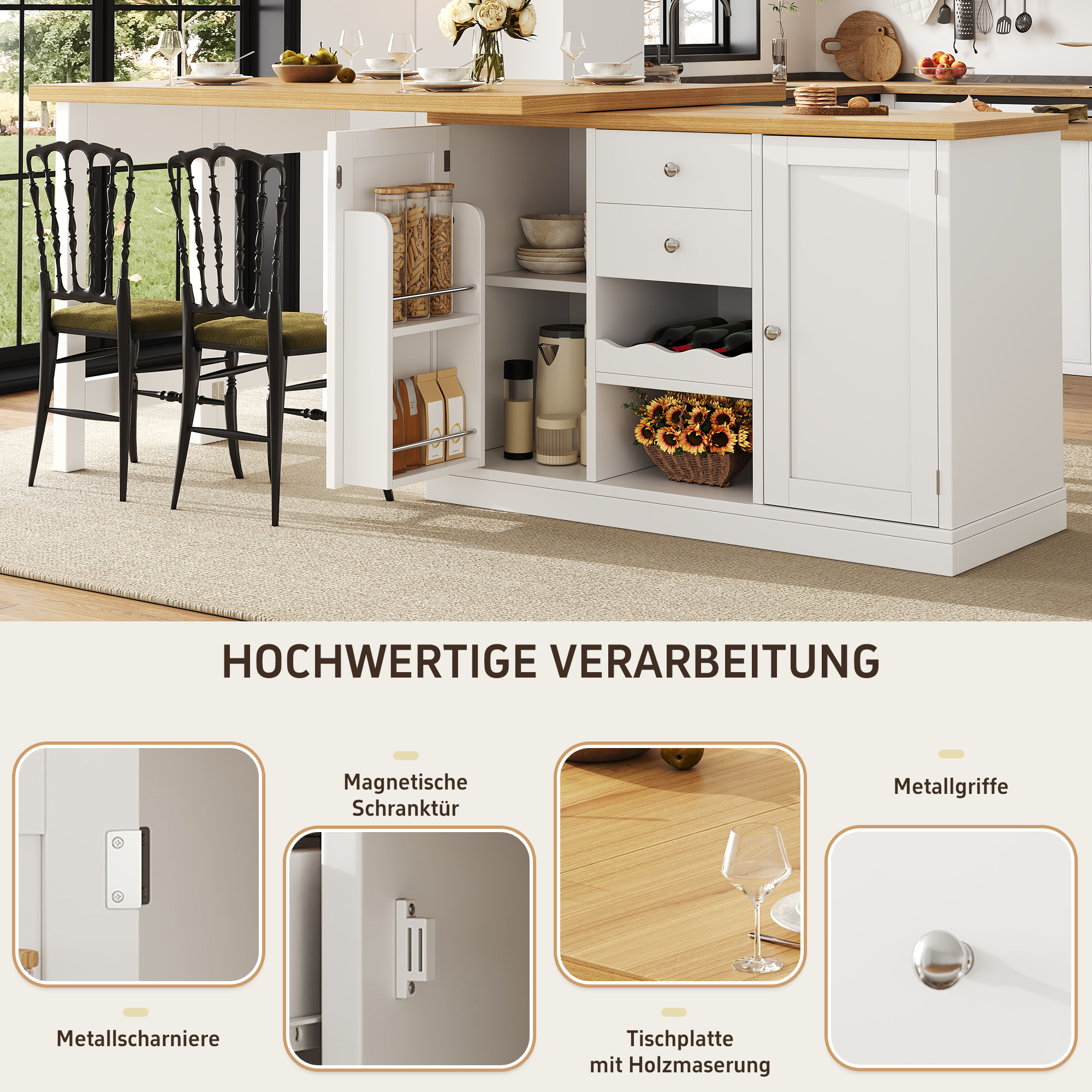 Ausziehbarer Kücheninsel-Esstisch 120-197cm, 360° 