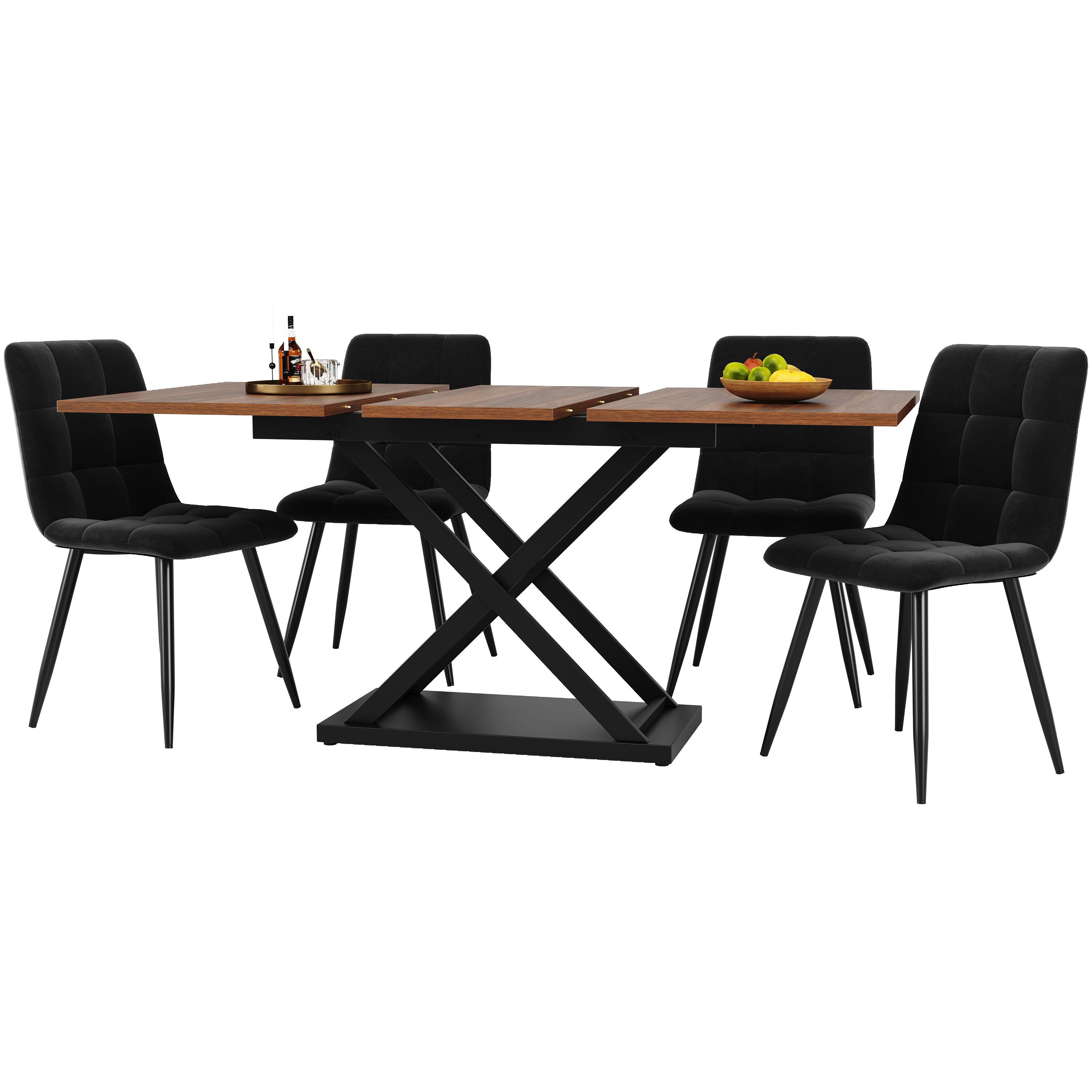 Ensemble table et chaises, 5 pièces, 1 table + 4 chaises, extensible, 160 x 80 x 75cm, velours et métal, noyer - vue 3