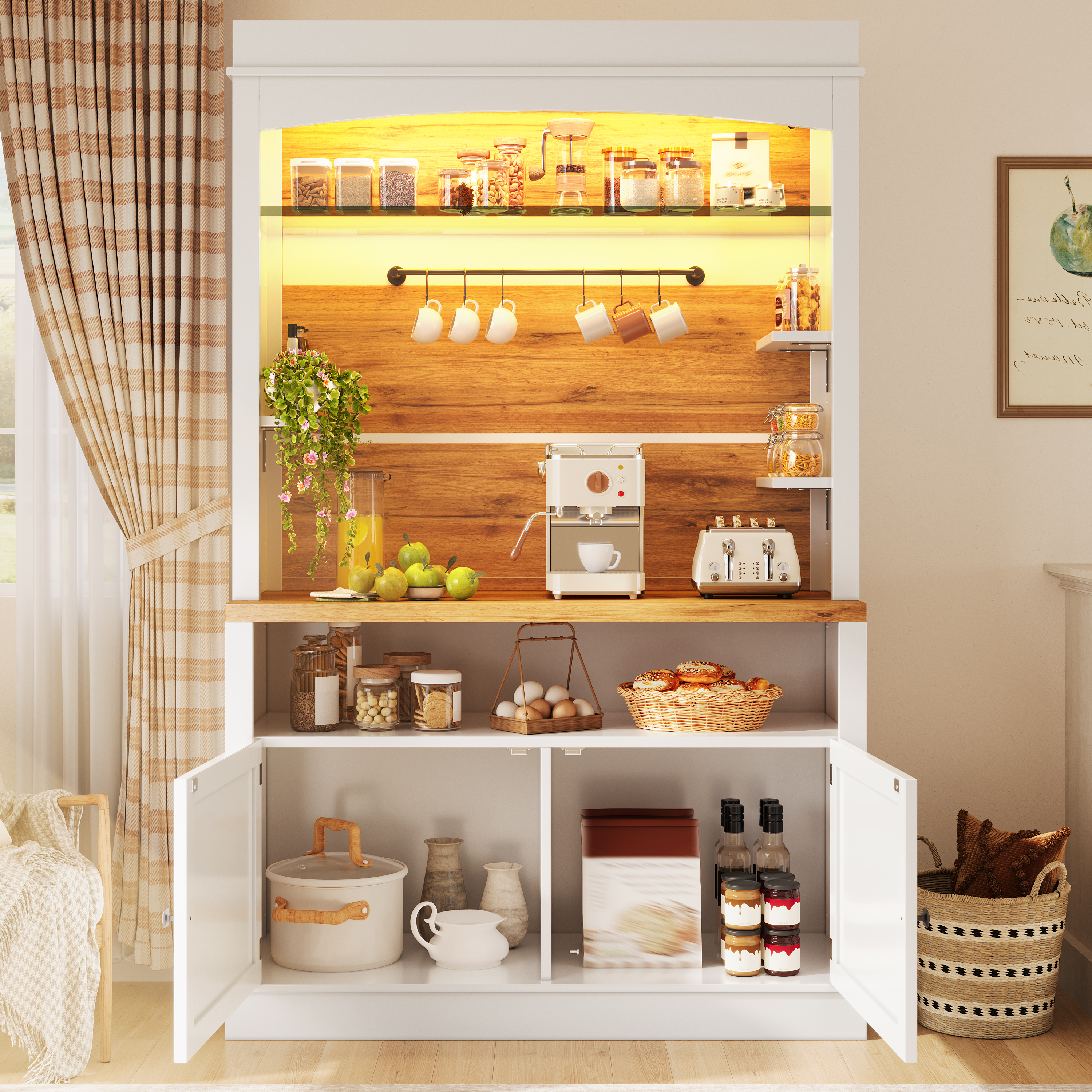 Lot de 2 meubles hauts avec éclairage LED, meuble buffet hauteur 184 cm avec étagère en verre et bande de crochets, blanc, capacité de charge jusqu'à 60 kg, buffet de cuisine, meuble de rangement