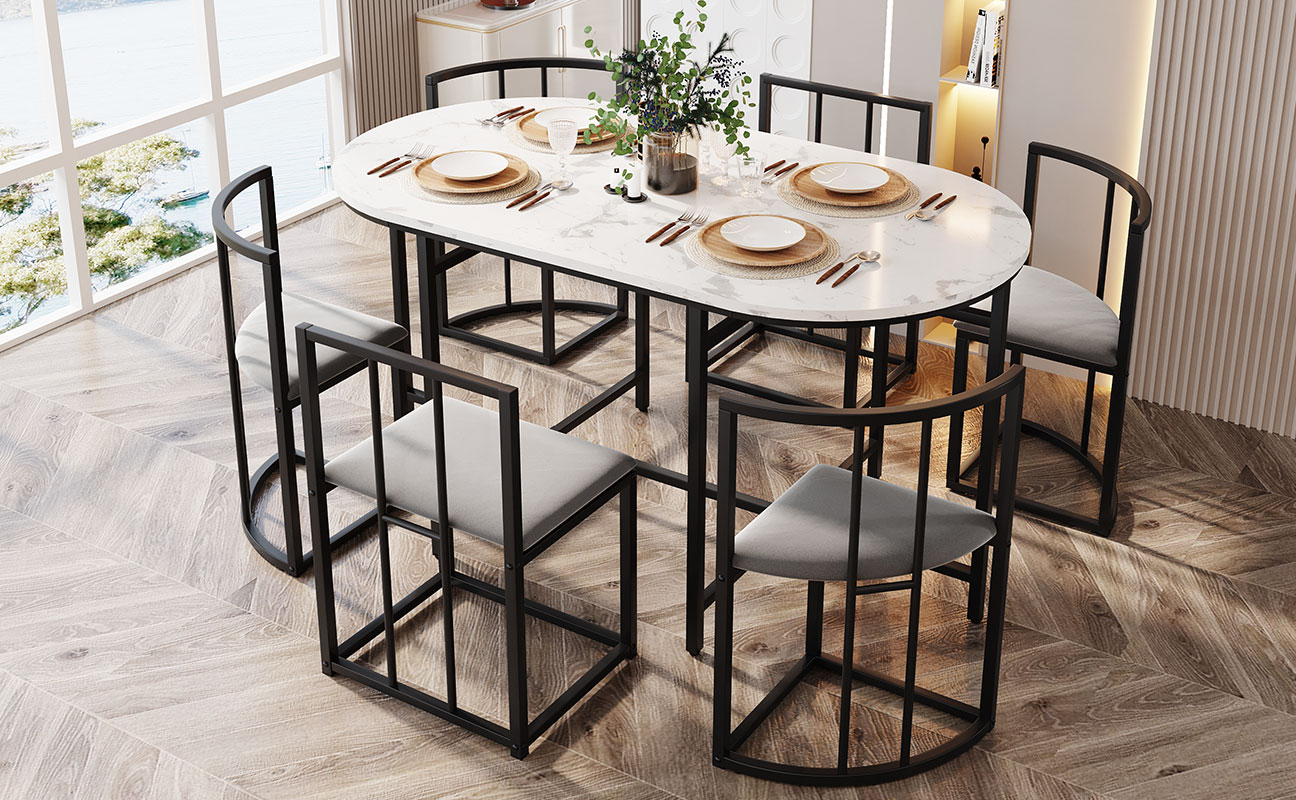 Ensemble table et chaises, 7 pièces, 1 table + 6 chaises, 140 x 80 x 76 cm, métal et MDF, noir - vue 3