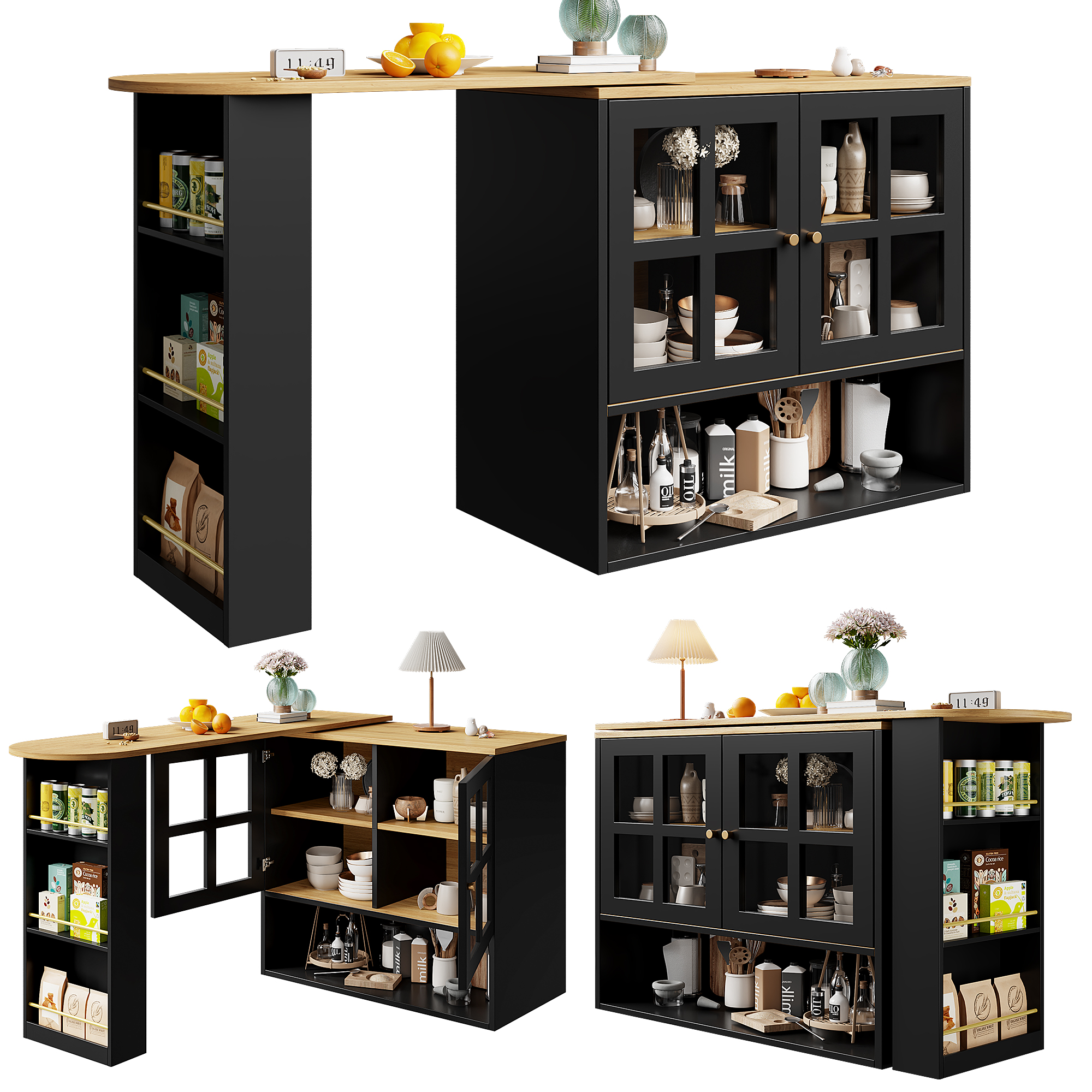 Buffet haut 138 cm extensible à 204 cm, portes verre trempé, poignées métal, MDF, pour salon et entrée, design élégant, beaucoup de rangement, style moderne, stabilité, facile montage, décoration - image 12