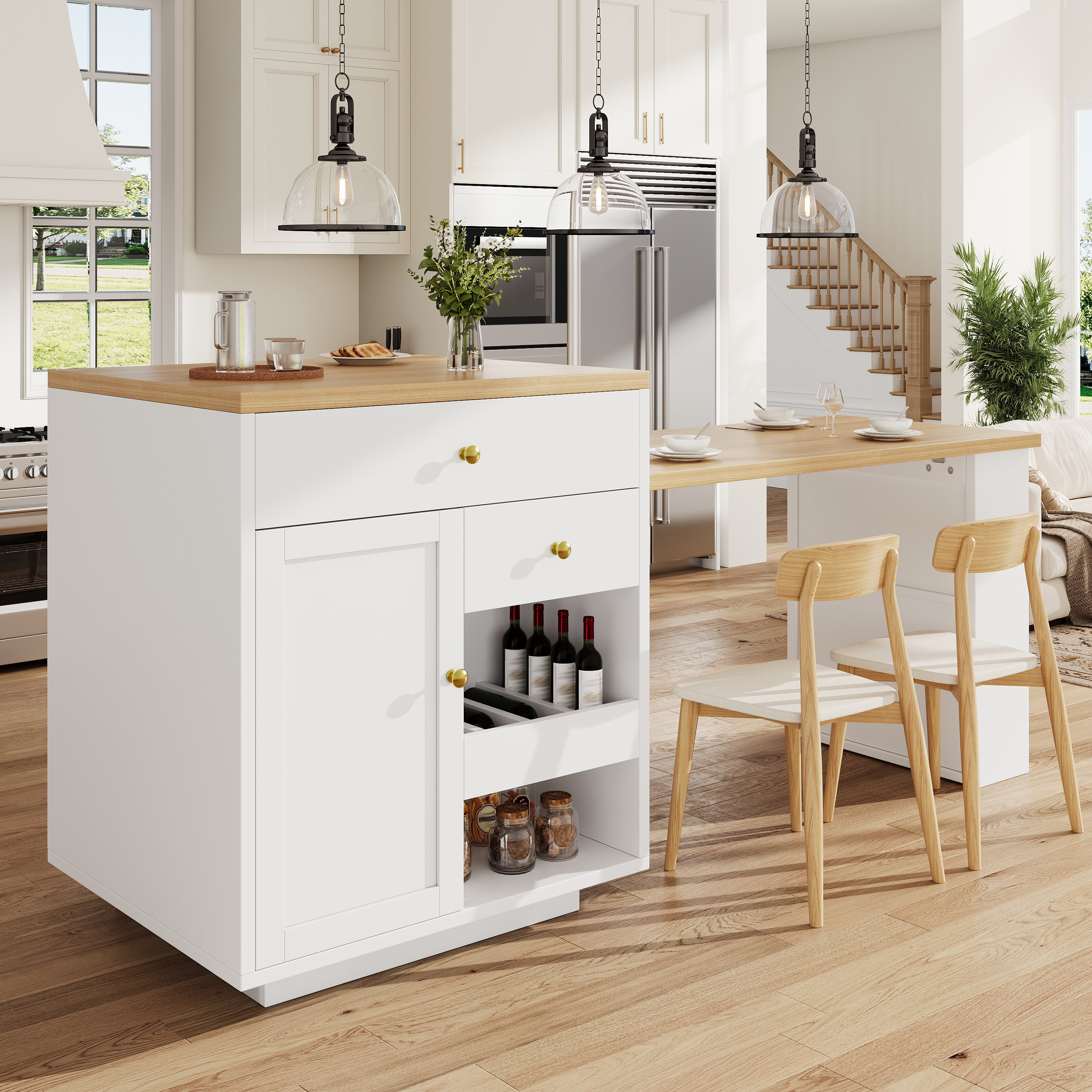 Ilot de cuisine multifonction avec plateau extensible, 122, 5–195, 5 cm, blanc/noir, capacité de charge jusqu'à 60 kg, îlot de cuisine, meuble de rangement, cuisine et salle à manger