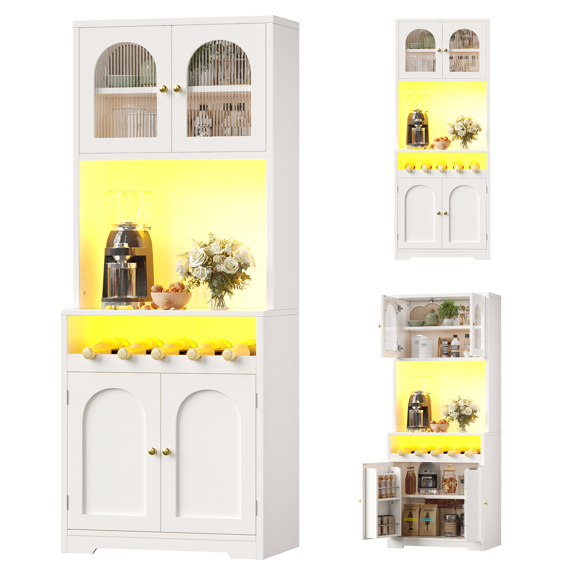 Ensemble composé de 2 buffets hauts blancs 180 cm, chacun avec App-RGB-LED, portes vitrées, casier à vin & anti-basculement, étagères réglables, buffet de cuisine, meuble de rangement