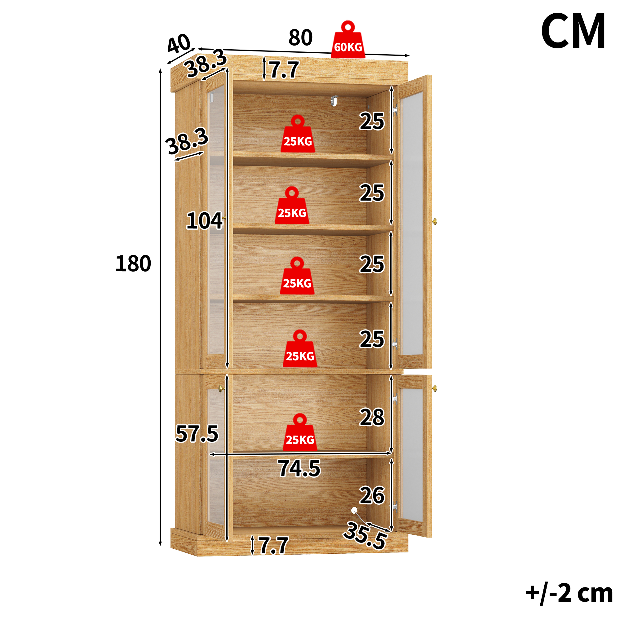 Armoire haute moderne avec éclairage d'ambiance LED intégré, vitrine en verre, aménagement intérieur bien pensé et protection contre les pointes, stable, sûre et polyvalente pour la maison, marron