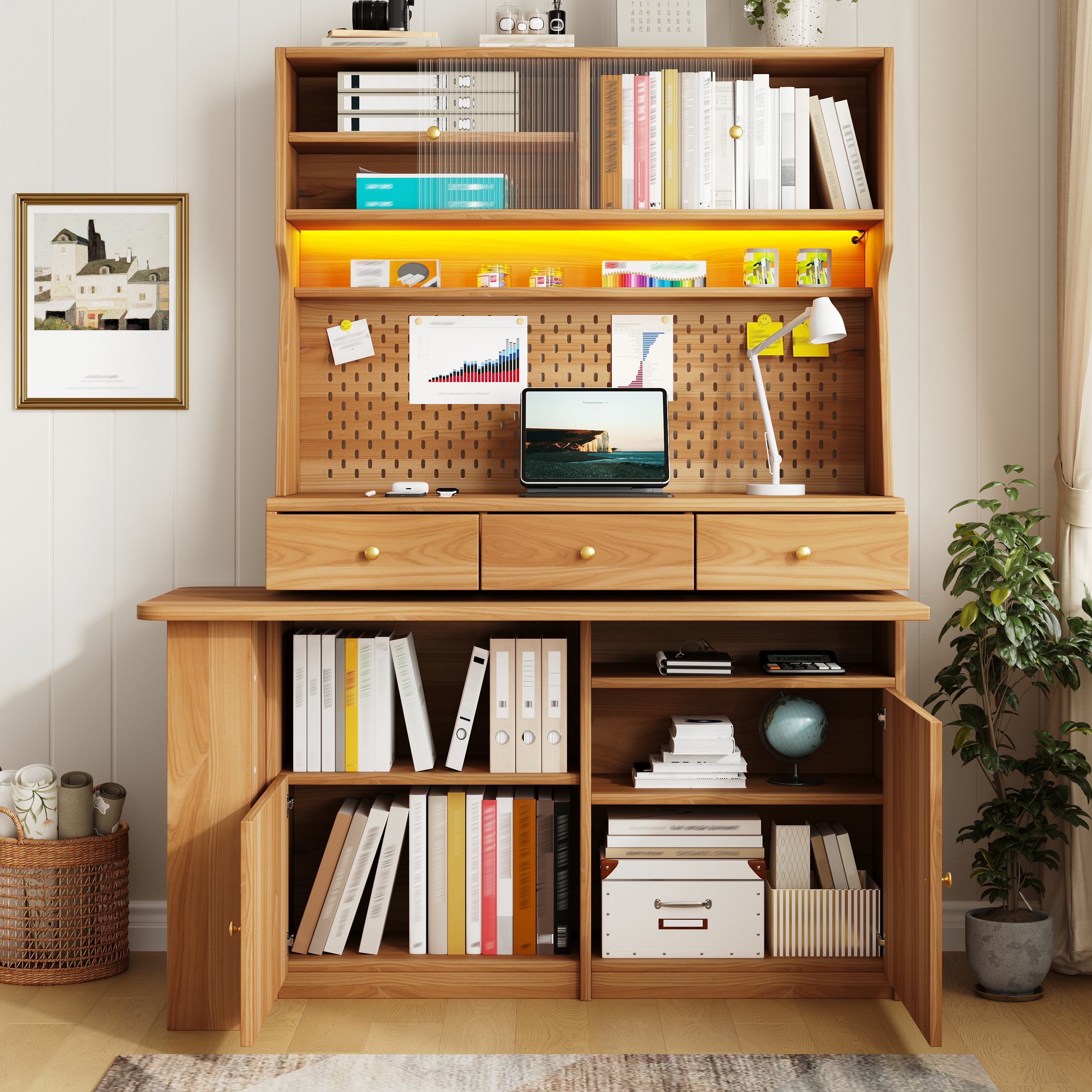 Armoire haute avec bureau et table de bar, armoire sur pied multifonctionnelle avec éclairage LED et contrôle par application, portes en verre, étagères réglables, panneau perforé, pour salon, salle