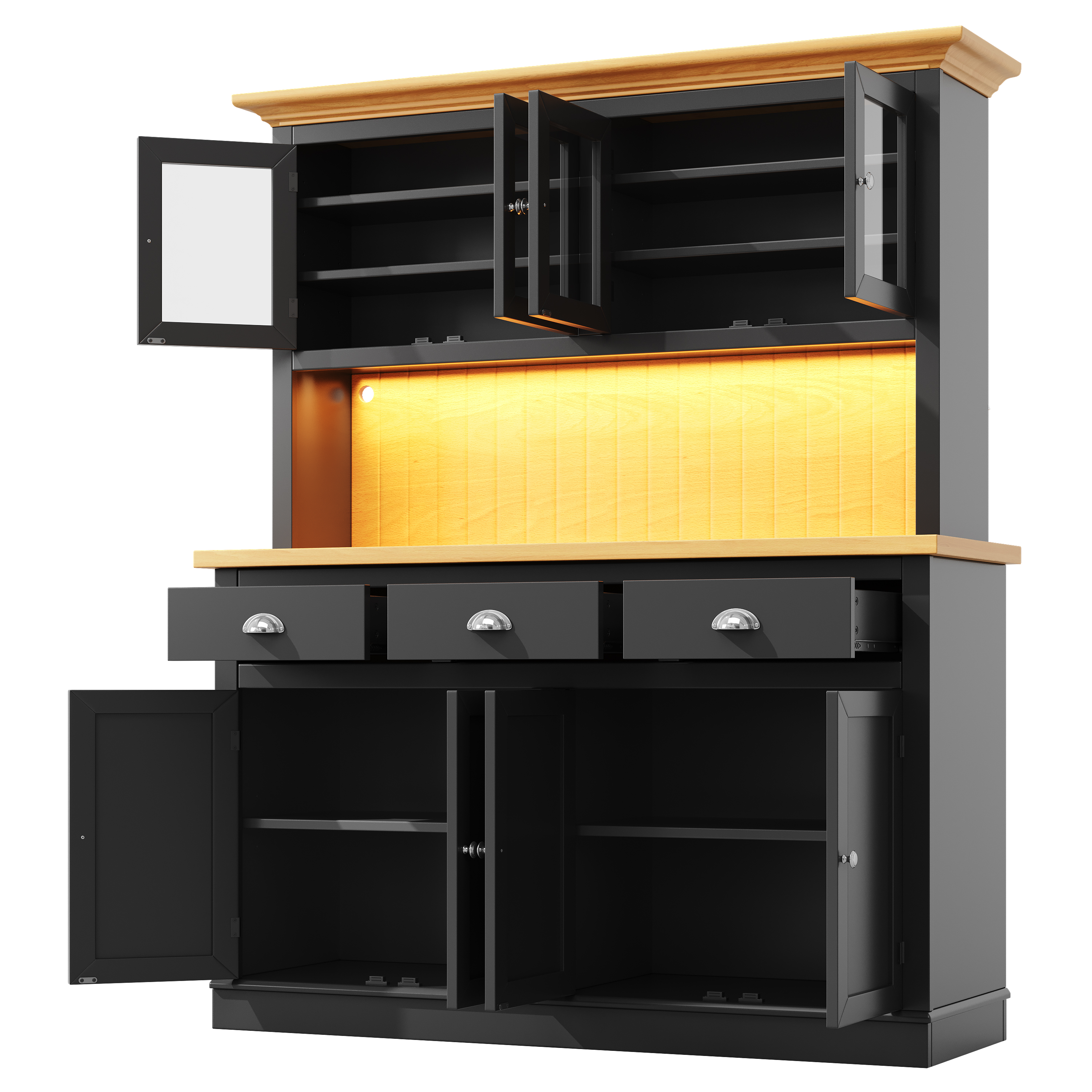 Buffet de cuisine 140 x 40 x 180 cm, LED, étagères réglables, MDF et verre, Noir - dimensions et spécifications