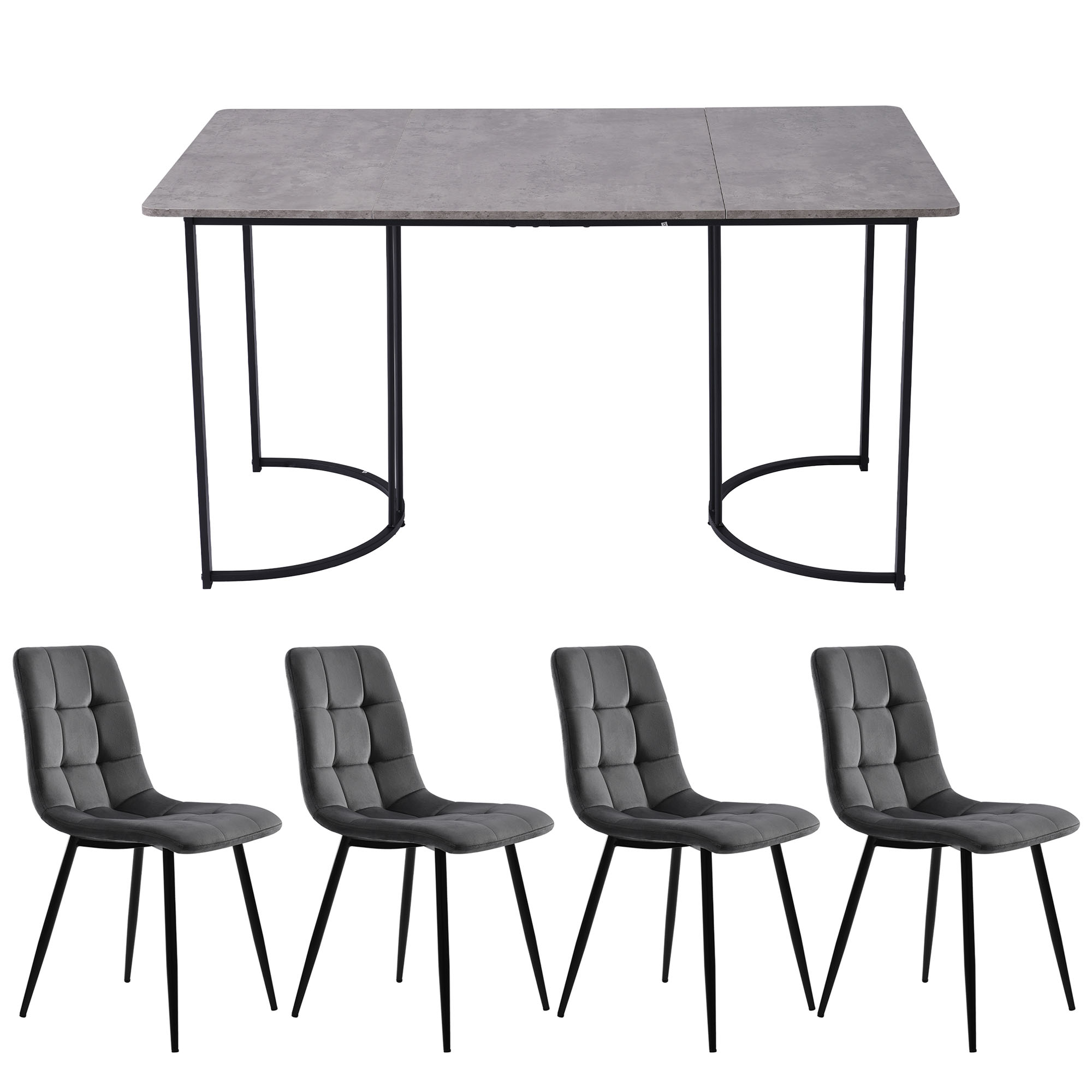 Ensemble table et chaises, 5 pièces, 1 table + 4 chaises, métal et velours, gris foncé - vue 2