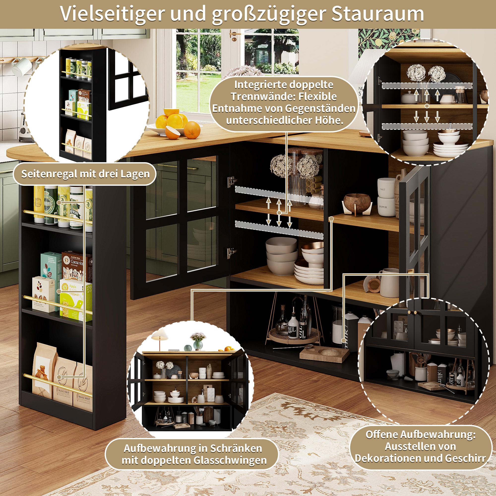 Buffet haut 138 cm extensible à 204 cm, portes verre trempé, poignées métal, MDF, pour salon et entrée, design élégant, beaucoup de rangement, style moderne, stabilité, facile montage, décoration - image 8