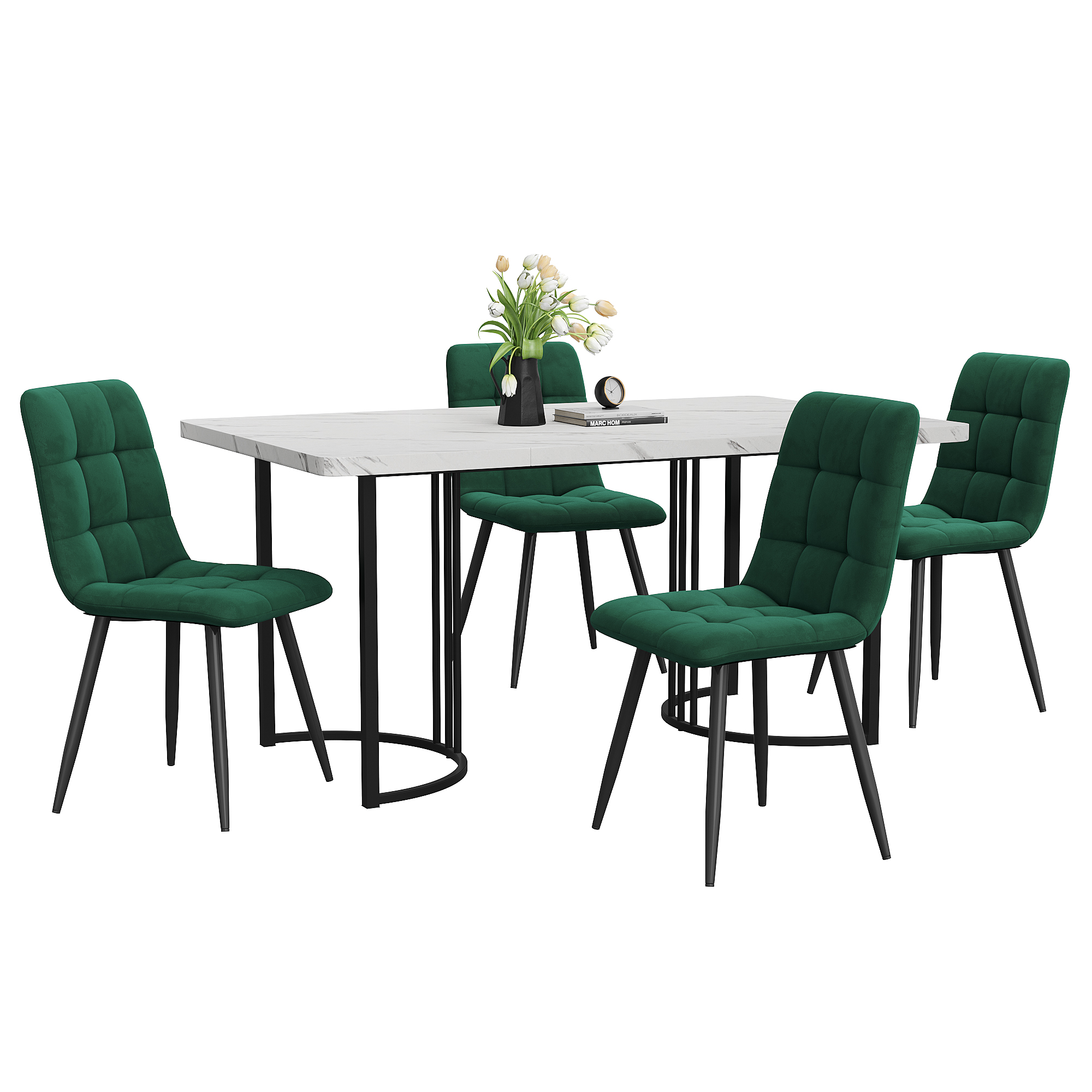 Ensemble table et chaises, 5 pièces, 1 table + 4 chaises, métal et velours, vert foncé - vue 3