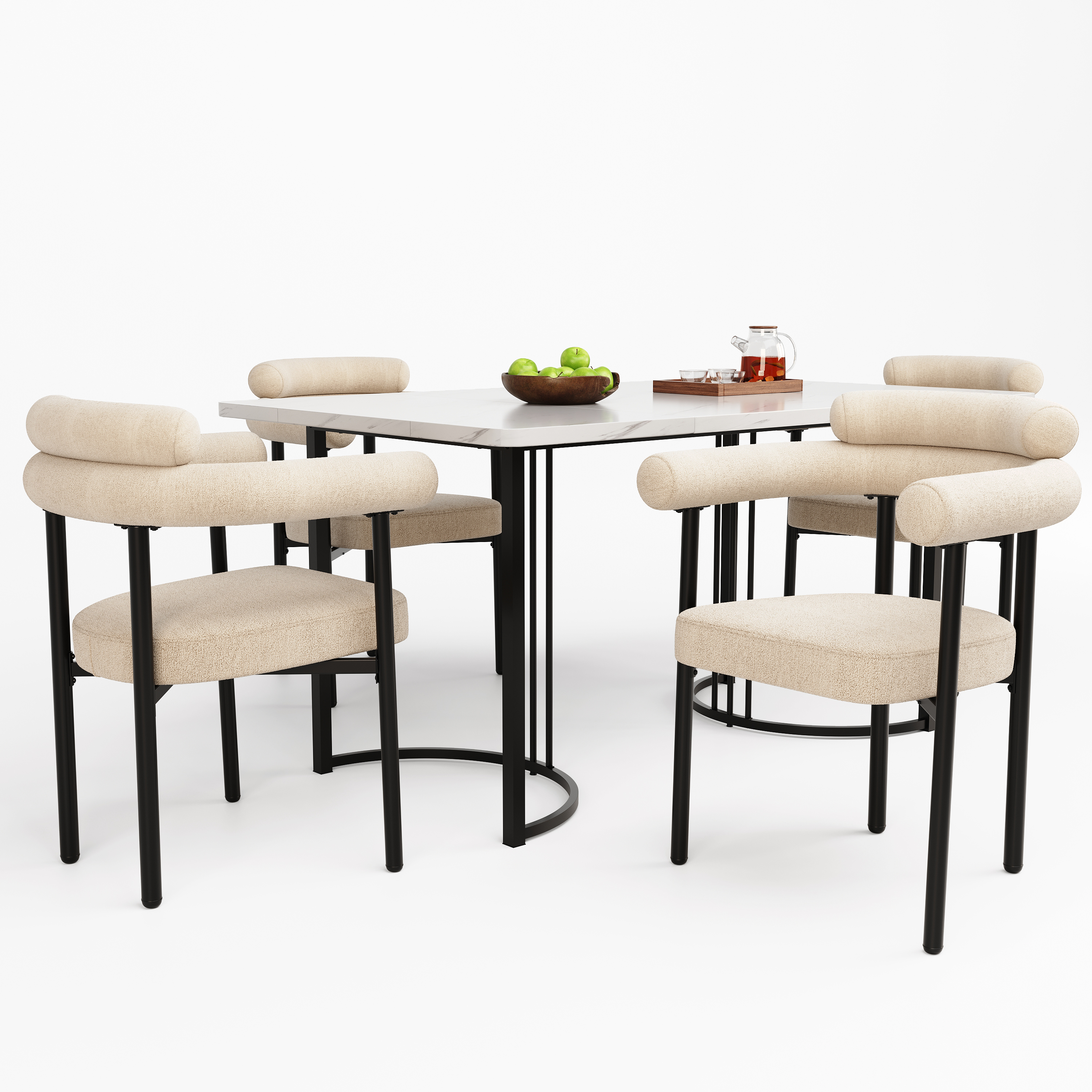 Ensemble table et chaises, 5 pièces, 1 table + 4 chaises, métal et tissu, blanc - vue 1