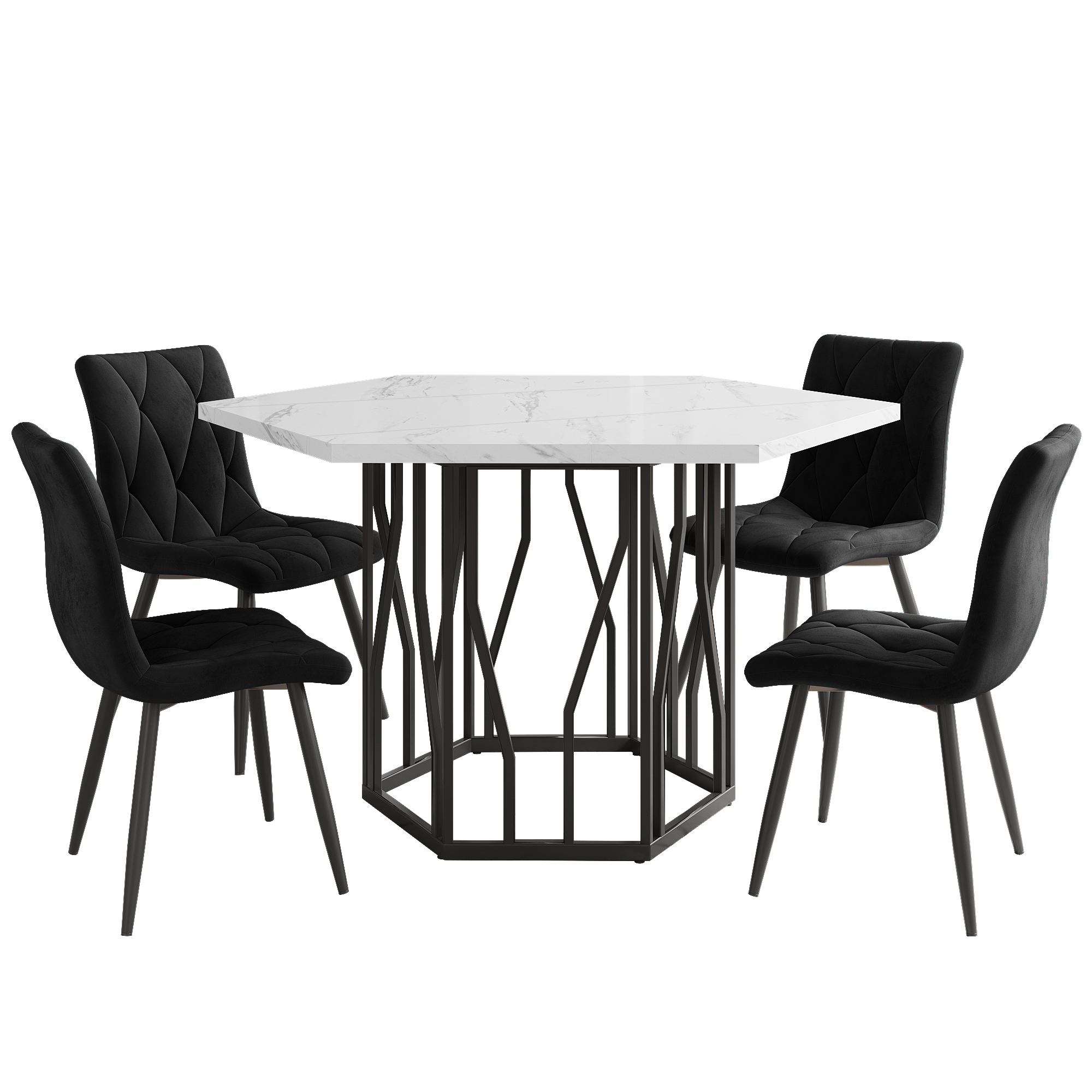Ensemble table et chaises, 5 pièces, 1 table + 4 chaises, acier et velours, noir - vue 4